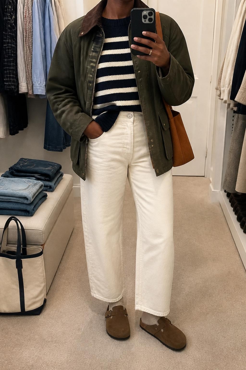 mirror selfie of a Black woman wearing the exact outfit described above, clearly showing chocolate brown suede Birkenstock-style clogs with oatmeal socks, cream barrel jeans, a navy and cream striped sweater, an olive barn jacket, a cognac shoulder bag, and gold stud earrings, holding a phone in front of a mirror, cropped at NECK so the face does not show, with a relaxed casual selfie pose, in a walk-in closet mirror, soft indoor lighting, with folded denim jeans on a bench and a tote bag resting on the floor, latest iPhone photo quality.