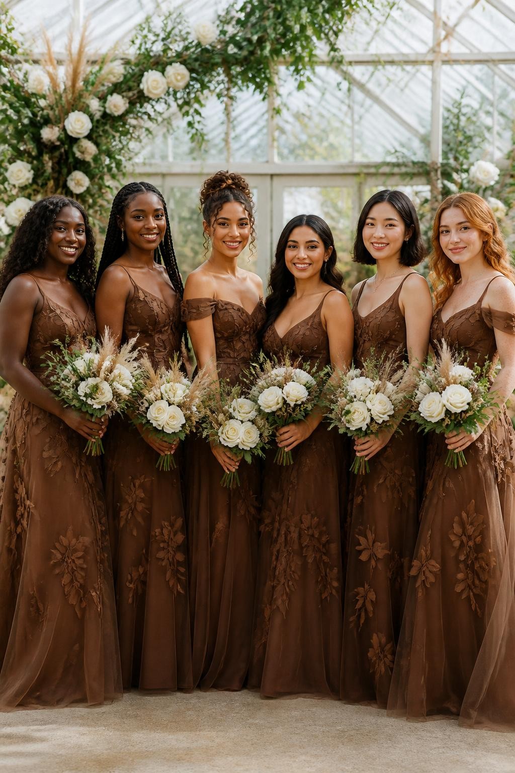 Realistic greenhouse wedding portrait of six bridesmaids wearing chestnut brown organza gowns with delicate three-dimensional leaf and vine appliqués scattered across fitted bodices and layered skirts, necklines varying between narrow straps, soft scoop, and off-shoulder shapes, women with deep mahogany, rich brown, medium golden, South Asian olive, East Asian fair, and pale freckled skin tones, bright joyful faces, realistic skin highlights and fresh makeup, hairstyles including natural curls, box braids, a twisted updo, polished bob, sleek bun, and loose waves, standing inside a glass botanical greenhouse filled with white roses, climbing greenery, dried grasses, and soft daylight, translucent organza layers catching light naturally, appliqué leaves casting tiny realistic shadows, elegant photo-realistic DSLR wedding fashion.