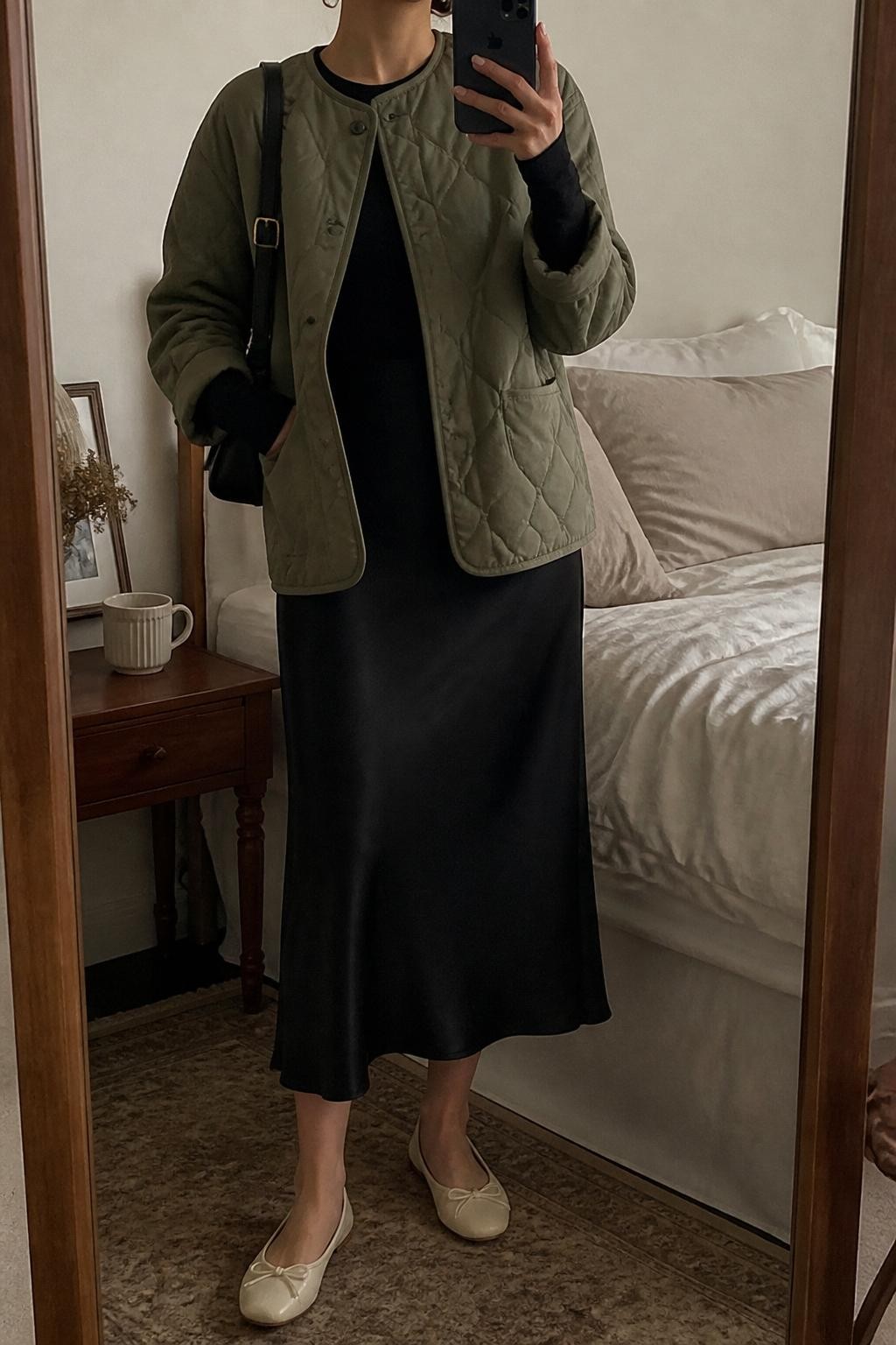 mirror selfie of a woman wearing the exact outfit described above, clearly showing an olive quilted jacket layered over a fitted black long-sleeve top, black satin midi slip skirt, cream ballet flats, a black leather shoulder bag, and small silver hoop earrings, holding a phone in front of a mirror, cropped at NECK so the face does not show, with a relaxed casual selfie pose, in a cozy bedroom mirror setup, warm moody lighting, with a coffee mug on a bedside table and soft pillows on an unmade bed, latest iPhone photo quality.