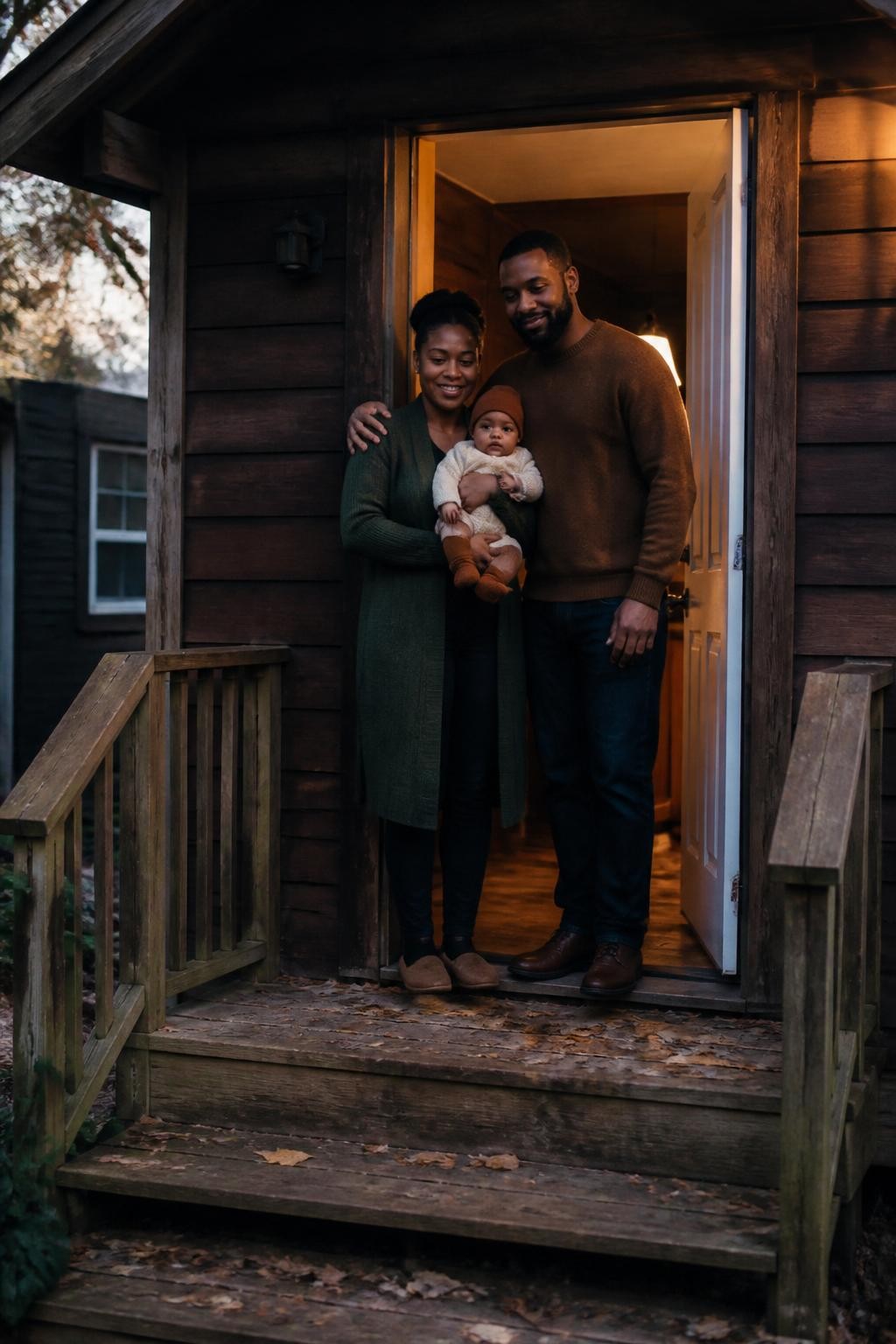 Image Prompt: A Black family of three standing in the open doorway of a modest wooden cabin, the mother holding their six-month-old baby securely against her chest while the father stands beside them with one arm around both, the baby wearing a cream knitted romper and soft rust hat, the mother in a long forest-green cardigan and the father in a brown sweater with dark jeans, warm indoor lamp light behind them and cool evening light across the porch, fallen leaves around the steps, realistic cabin wood and simple interior details, photographed from several feet away with a DSLR 50mm lens, detailed dark skin tones, natural family expressions, accurate baby support, believable mixed lighting, no luxury lodge setting, no excessive porch decorations.