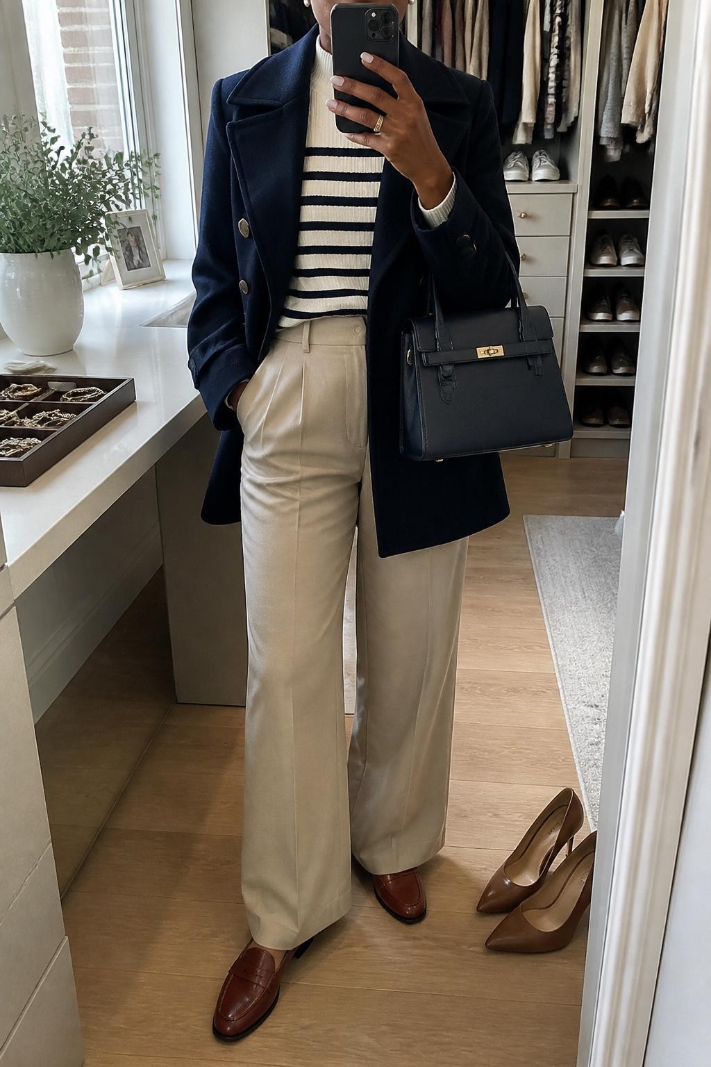 Mirror selfie of a Black woman wearing a navy peacoat, cream and navy striped mock-neck top, beige wide-leg trousers, brown loafers, pearl stud earrings, and a navy structured handbag, holding a phone in front of a mirror, cropped at NECK so the face does not show, relaxed casual selfie pose, in a walk-in closet mirror, natural window light, with a jewelry tray on the vanity and a pair of heels on the floor nearby, latest iPhone photo quality.