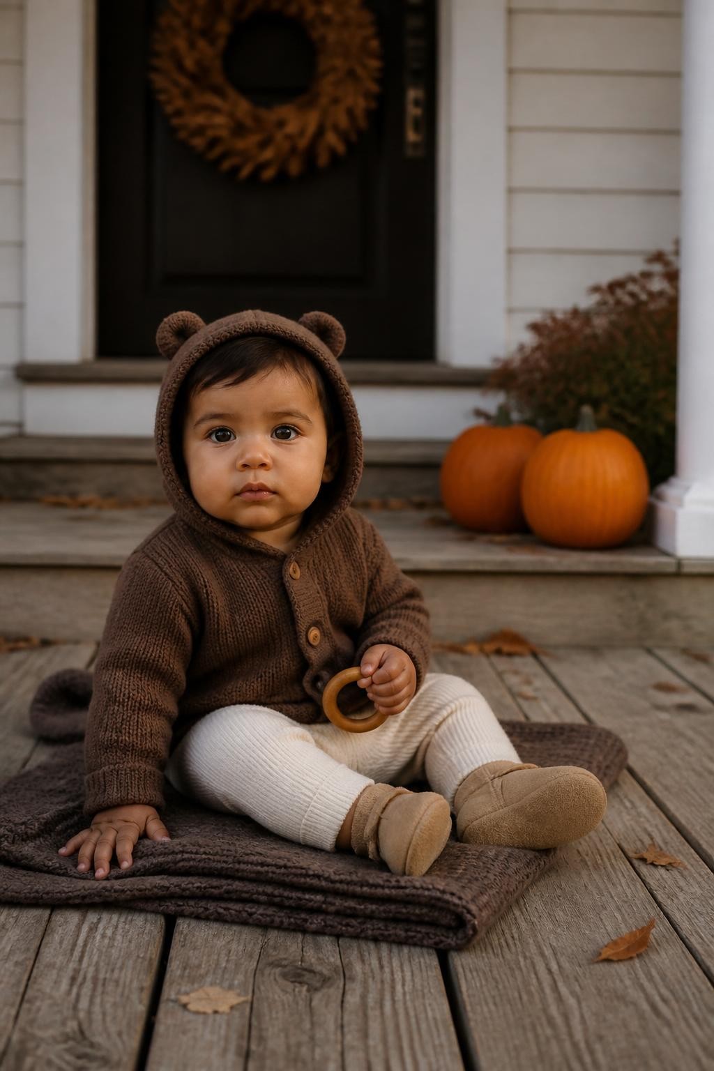 Image Prompt: A Latino baby around eleven months old sitting steadily on a thick folded blanket across a low wooden porch floor, wearing a cocoa-brown hooded sweater with small rounded bear ears, cream leggings, and soft tan booties, one hand resting on the porch board while the other holds a wooden teething ring, two medium pumpkins placed several feet behind the baby near the steps, a plain dried-leaf wreath on the door, realistic weathered wood and scattered leaves, soft evening daylight, photographed with a DSLR 50mm lens from porch level, natural baby skin, realistic knit fabric, genuine serious expression, no raised chair, no decorative hay, no costume-like animal styling.