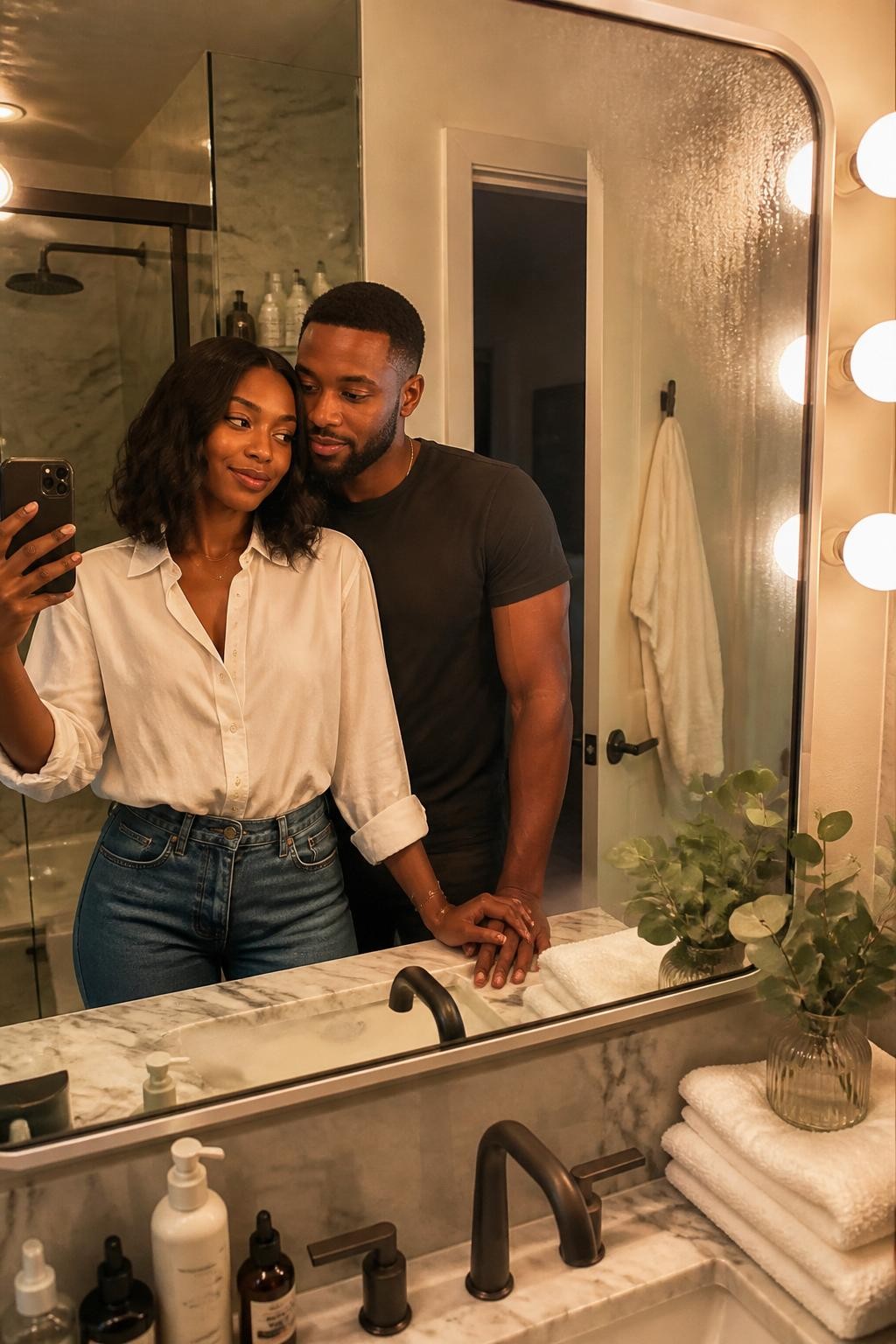 Image prompt: A stylish romantic couple photo reflected in a wide bathroom vanity mirror, featuring an adult Black woman with rich brown skin, glossy shoulder-length waves, and a simple white button-down shirt slightly tucked into high-waisted jeans, standing beside her partner in a dark fitted T-shirt, both leaning lightly against a marble bathroom counter, her elbow resting on the counter while he stands close behind her shoulder, their hands loosely linked near the sink, soft steam on one corner of the mirror, warm vanity bulbs, folded white towels, skincare bottles, a small glass vase with eucalyptus, realistic bathroom reflections, natural light mixed with warm indoor light, editorial but human, soft smiles, no harsh posing.