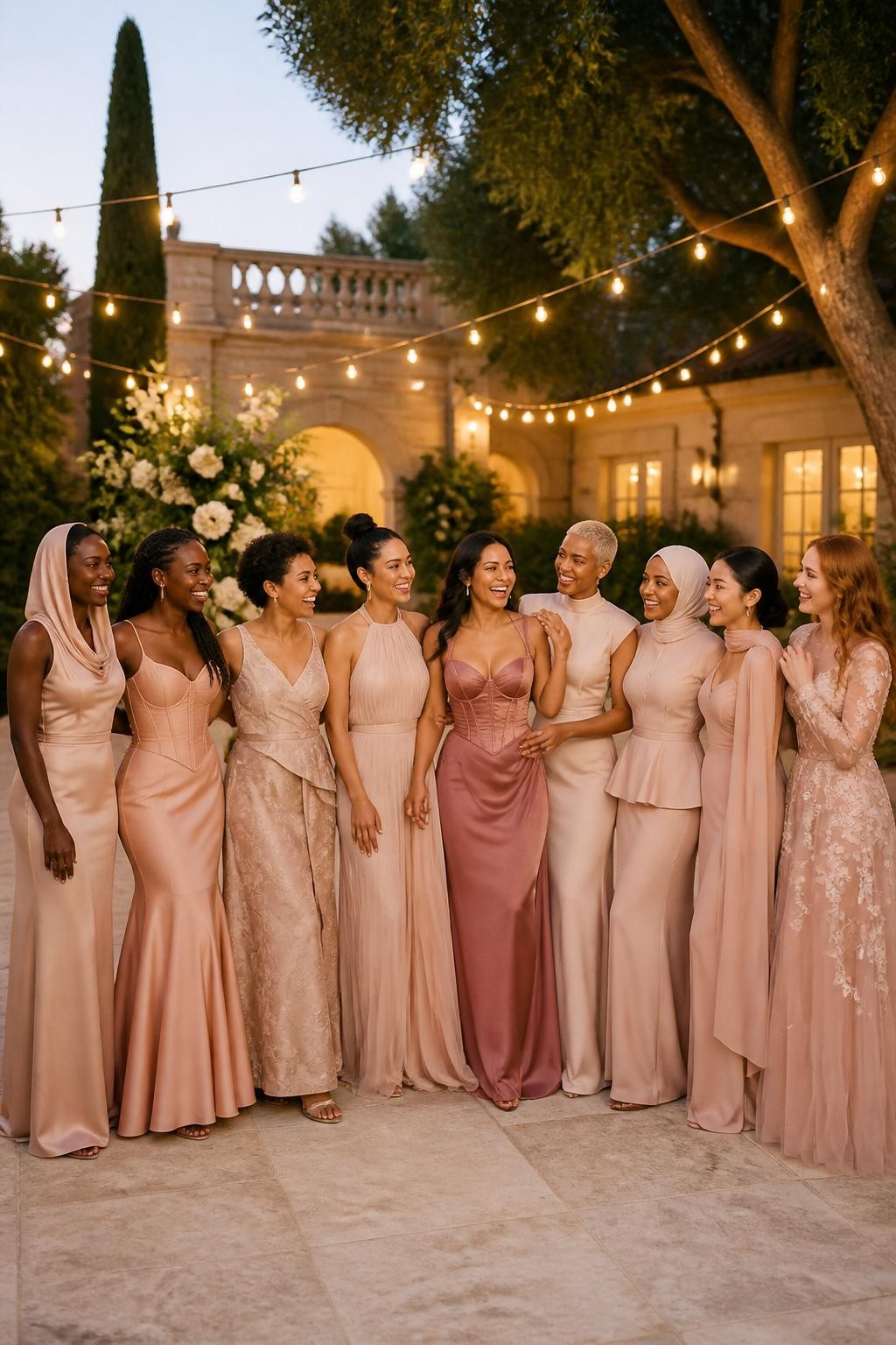 Realistic large bridal-party photograph of eight bridesmaids wearing intentionally coordinated blush dresses in liquid satin, matte crepe, layered lace, tulle, chiffon, jacquard, and sheer botanical organza, silhouettes including a hooded-cowl column, cat-eye corset mermaid, tulip-skirt midi, halter tulle gown, sculpted-shoulder column, peplum set, scarf-cape dress, and lace-sleeve gown, alongside a maid of honor wearing a deeper muted rose basque-waist gown, women with very deep, deep brown, reddish brown, golden, olive, tan, East Asian fair, and pale freckled skin tones, broad representation of ages, heights, and body shapes, bright beautiful faces and genuine laughter, hairstyles including natural coils, braids, locs, waves, sleek buns, short cuts, and a softly styled hijab, standing in a lush estate courtyard with cream stone, mature trees, ivory flowers, and warm string lights, every fabric responding differently to the evening light, realistic spacing, natural hands, candid movement, and believable proportions.