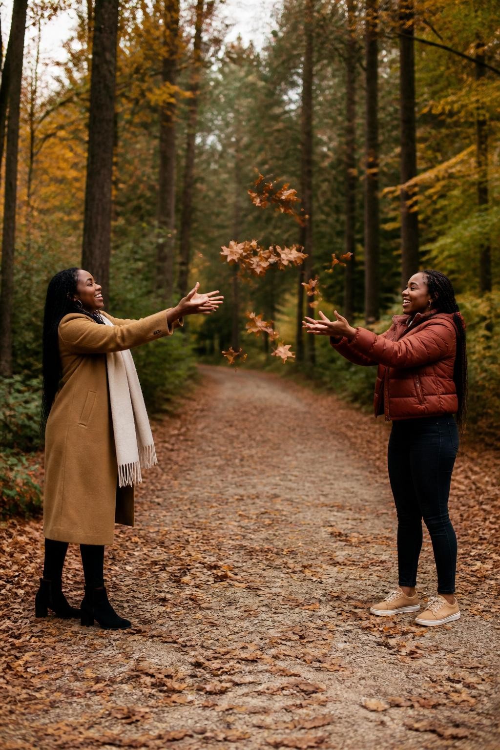 Image Prompt: Two Black female best friends standing several feet apart on a wide woodland trail, each holding a small handful of dry maple leaves before tossing them gently toward the center, one wearing a long camel coat with a cream scarf and black boots, the other wearing a rust puffer jacket, dark jeans, and tan sneakers, both laughing as the leaves fall between them, tall trees with mixed amber and deep green foliage, cloudy natural light, photographed with a DSLR 50mm lens and fast shutter speed, realistic leaf quantities, believable arm movement, detailed dark skin texture, natural body proportions, no giant leaf explosion, no jumping, no leaves covering their faces.