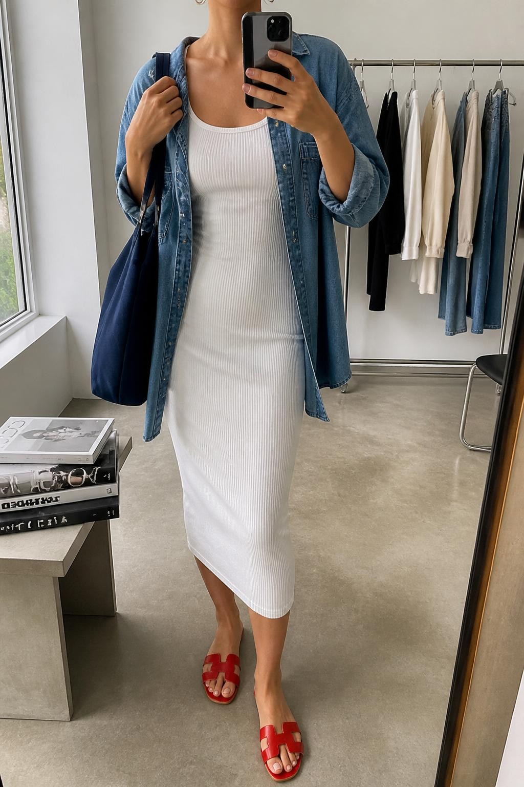 mirror selfie of a woman wearing a white ribbed fitted midi tank dress layered under an open medium blue denim shirt, red flat sandals, navy canvas tote bag, and small silver hoop earrings, clearly showing the same clothing items, colors, fabrics, and accessories listed in the Outfit Pieces section, holding a phone in front of a mirror, cropped at NECK so the face does not show, with a relaxed casual selfie pose, in a fashion studio mirror corner, natural window light, including a clothing rack with garments behind and a stack of fashion magazines on a side table, latest iPhone photo quality.