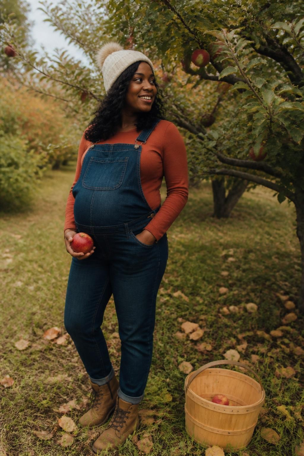 Image Prompt: A pregnant Black woman standing beneath a low apple tree in a real orchard, wearing relaxed dark denim maternity overalls over a fitted rust-colored long-sleeve top, tan lace-up boots, and a cream knit beanie, one hand resting inside the front overall pocket while the other gently holds a freshly picked red apple near her belly, natural shoulder-length curls moving slightly in the breeze, wooden picking basket with only a few apples placed on the grass beside her, realistic orchard rows, uneven ground, fallen leaves, and mixed green and amber foliage, photographed with a DSLR 35mm lens in soft morning light, detailed dark skin, authentic denim creases, natural smile, believable farm setting, no spotless costume styling, no overflowing apple baskets.