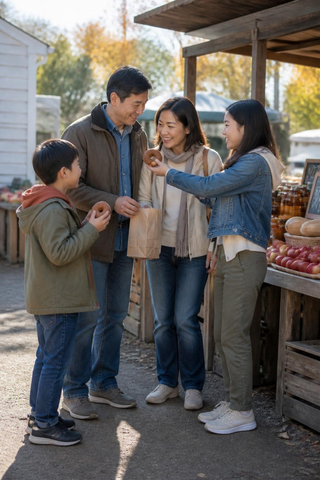 Image Prompt: A cheerful East Asian family of four standing near a quiet outdoor fall market stall, two parents with an elementary-aged son and teenage daughter sharing apple cider doughnuts from a small paper bag, the son holding one doughnut while the daughter offers another to a parent, clothing in brown, dusty blue, olive, cream, and rust, layered jackets, jeans, and comfortable walking shoes, real wooden market tables with modest displays of apples, squash, and jars in the background, soft morning sunlight, photographed with a DSLR 50mm lens from a nearby aisle, realistic food portions, natural public setting, genuine expressions, no crowded festival scene, no oversized decorative produce.