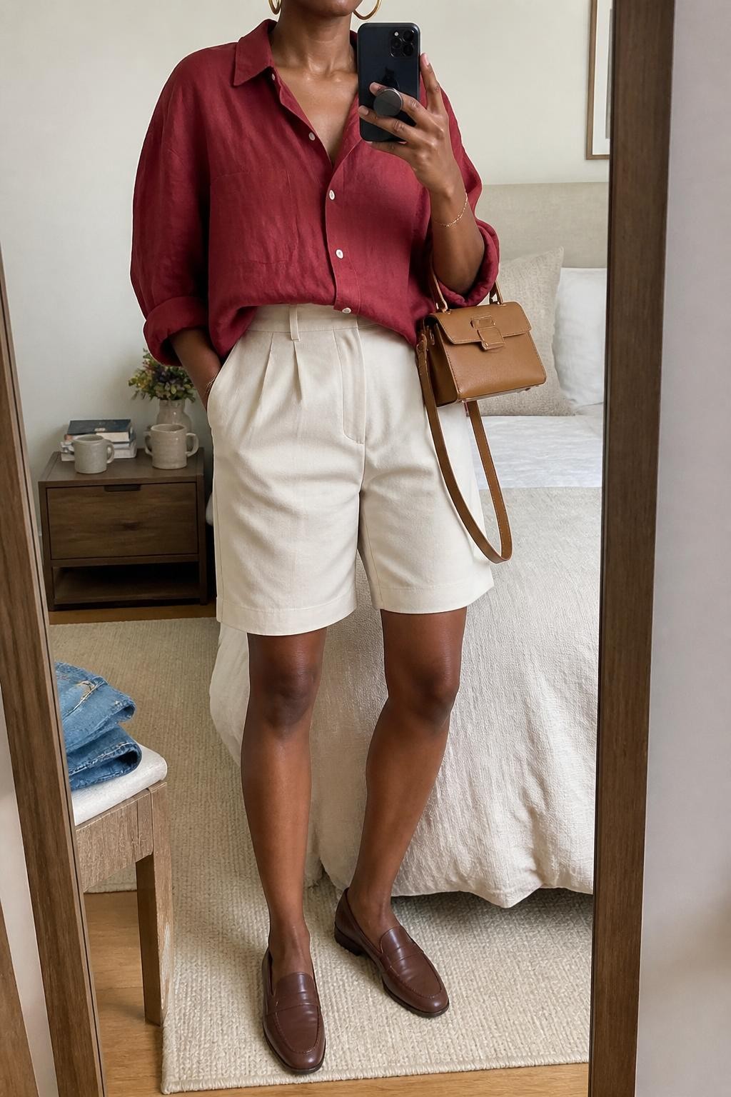 mirror selfie of a Black woman wearing a red oversized linen button-down shirt tucked loosely into cream tailored Bermuda shorts, brown leather loafers, tan structured mini bag, and chunky gold hoop earrings, clearly showing the same clothing items, colors, fabrics, and accessories listed in the Outfit Pieces section, holding a phone in front of a mirror, cropped at NECK so the face does not show, with a relaxed casual selfie pose, in a cozy bedroom mirror setup, soft indoor lighting, including folded denim jeans on a bench and a coffee mug on a bedside table, latest iPhone photo quality.