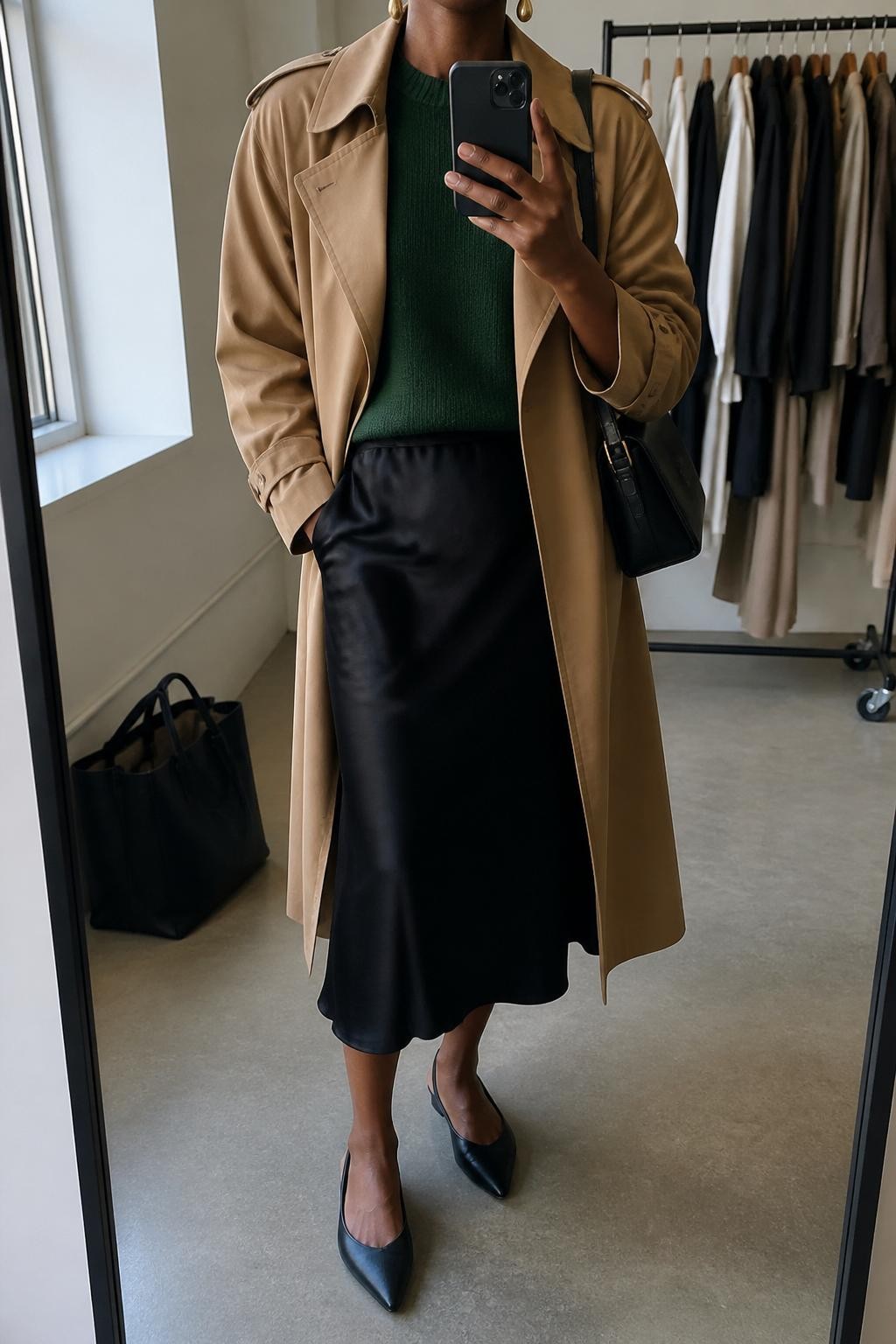 mirror selfie of a Black woman wearing the exact outfit described above, clearly showing a forest green sweater tucked into a black satin midi slip skirt, black slingback flats, a camel trench coat worn open, a black shoulder bag, and gold drop earrings, holding a phone in front of a mirror, cropped at NECK so the face does not show, with a relaxed casual selfie pose, in a fashion studio mirror corner, natural window light, with clothing rack with garments behind and a tote bag resting on the floor, latest iPhone photo quality.