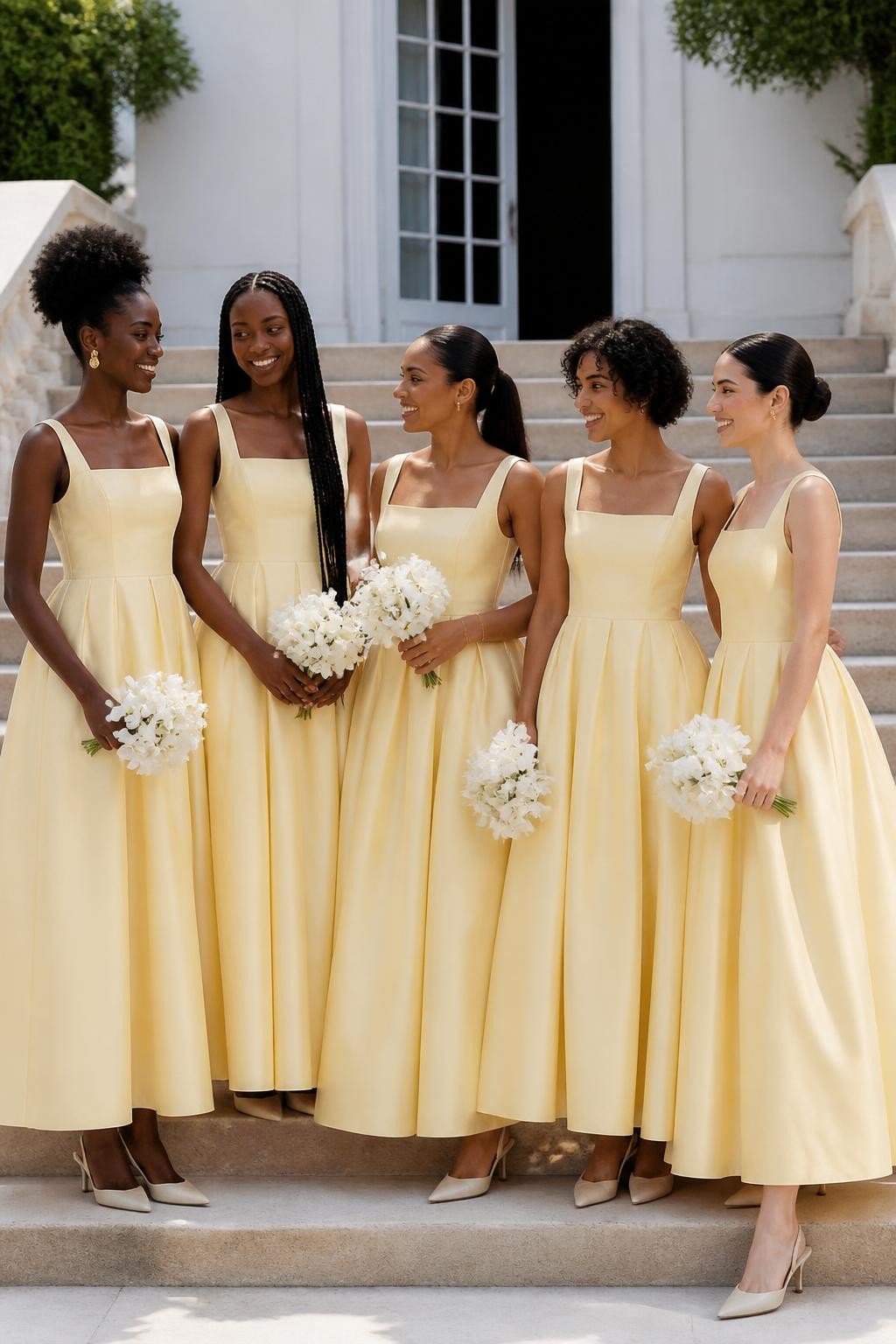 Realistic fashion-forward wedding portrait of five bridesmaids wearing buttercream yellow silk-faille gowns with softly corseted bodices, wide square necklines, curved basque waists, and full ankle-length ballerina skirts with discreet side pockets, women with very deep brown, cool dark brown, cinnamon, golden tan, and pale neutral skin tones, different torso lengths, bust sizes, heights, and body proportions represented naturally, bright joyful faces with unique features, realistic pores and small flyaway hairs, hairstyles including a sculpted natural updo, waist-length braids, glossy ponytail, short curly bob, and smooth chignon, photographed on broad limestone steps outside a white country manor, holding compact ivory orchid bouquets, clear morning light revealing precise corset seams, realistic fabric stiffness, deep natural skirt folds, and elegant slingback shoes visible beneath the hems.