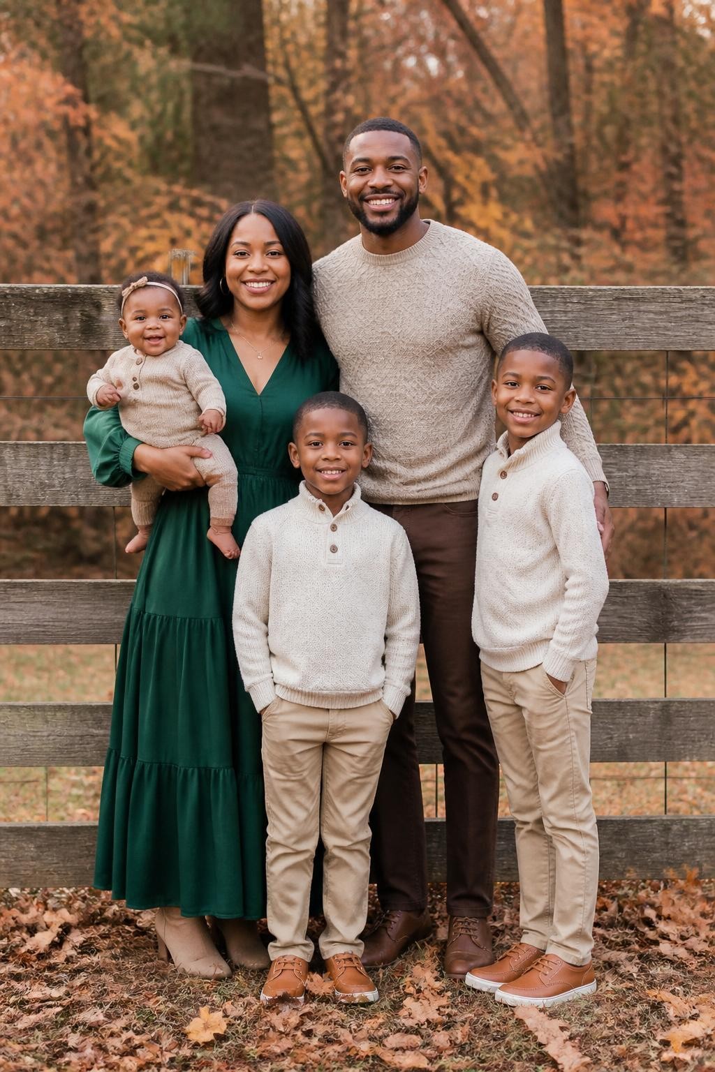 Realistic DSLR fall family photo of a Black family of five standing in front of a rustic wooden fence, mom wearing a forest green long-sleeve maxi dress with tan ankle boots, dad wearing a beige knit sweater with dark brown trousers and brown shoes, two kids wearing cream sweaters with tan pants, baby wearing a beige knit romper, soft fall light, warm leaves on the ground, clean family portrait style.