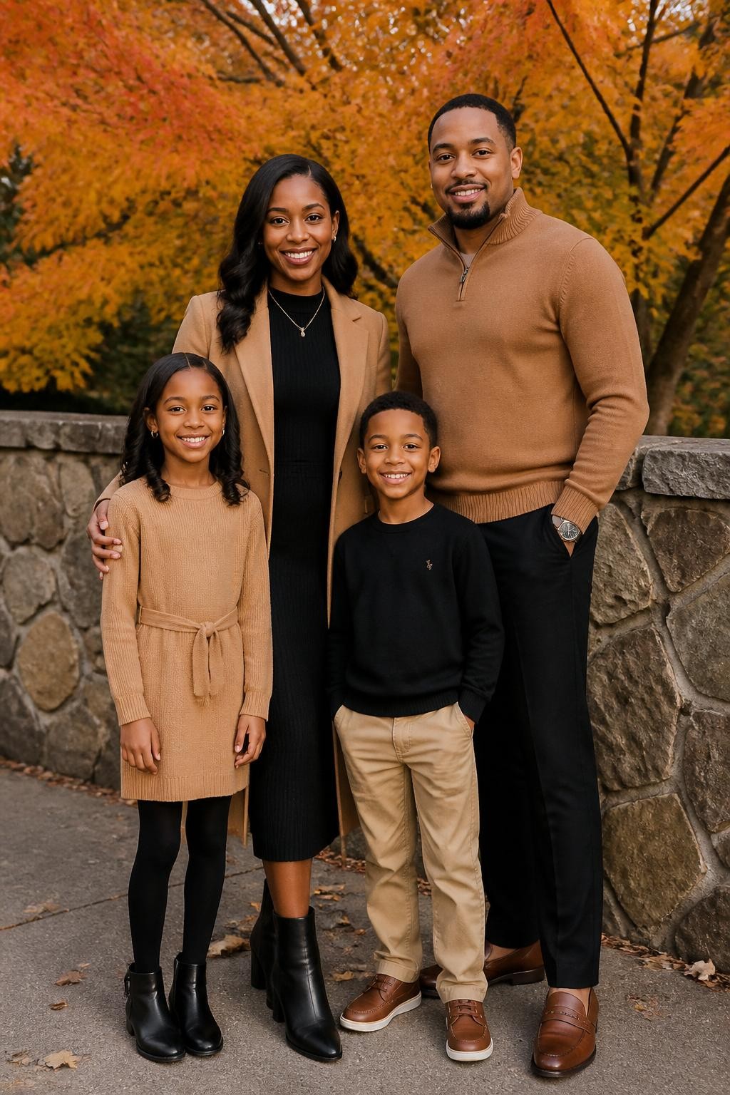 Realistic DSLR fall family portrait of a Black family of four standing near a stone wall with autumn leaves behind them, mom wearing a black long-sleeve midi dress with a camel coat and black ankle boots, dad wearing a camel sweater with black trousers and brown loafers, daughter wearing a tan sweater dress with black tights, son wearing a black sweatshirt with camel pants and brown shoes, warm natural light, clean polished family photo.