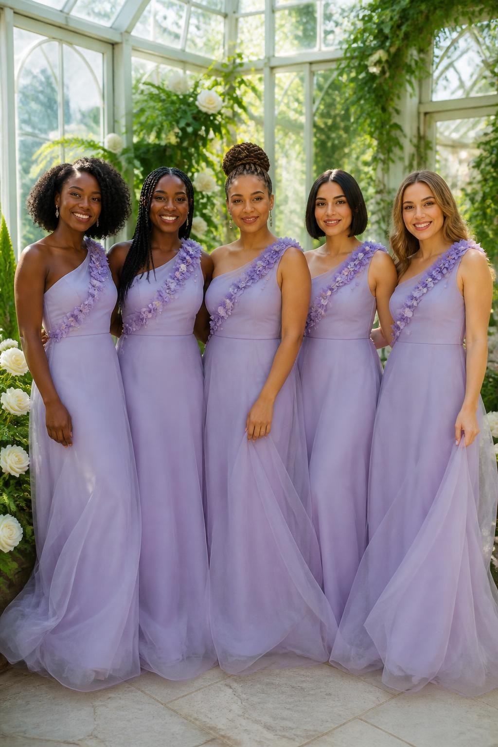 Realistic greenhouse wedding portrait of five bridesmaids wearing pale lilac organza gowns with handmade three-dimensional violet flowers positioned asymmetrically over one shoulder and scattered lightly across the upper bodice, fitted opaque linings, softly shaped waists, and airy layered floor-length skirts, women with deep mahogany, rich brown, medium golden, olive, and fair peach skin tones, naturally varied ages and body proportions, bright beautiful faces with individual smiles and realistic skin highlights, hairstyles including springy coils, long braids, twisted updo, polished bob, and loose waves, standing inside a glass botanical greenhouse filled with white roses, climbing greenery, ferns, and diffused daylight, translucent lilac fabric catching the light softly, individual petals casting tiny natural shadows, visible hand-finished flower edges, and gentle skirt movement.