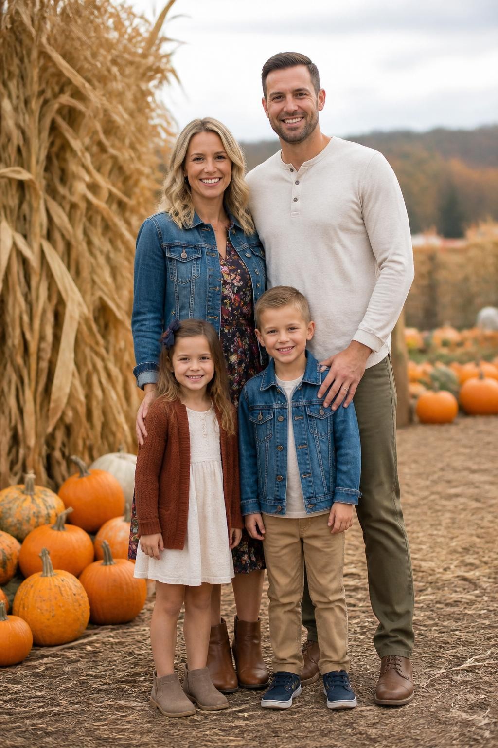 Realistic DSLR fall family portrait of a family of four standing near pumpkins and dry corn stalks, mom wearing a dark floral midi dress with a denim jacket and brown ankle boots, dad wearing a cream henley shirt with olive chinos and brown boots, daughter wearing a rust knit cardigan over a cream dress, son wearing a denim jacket with tan pants and sneakers, natural outdoor light, casual pumpkin patch photo style.