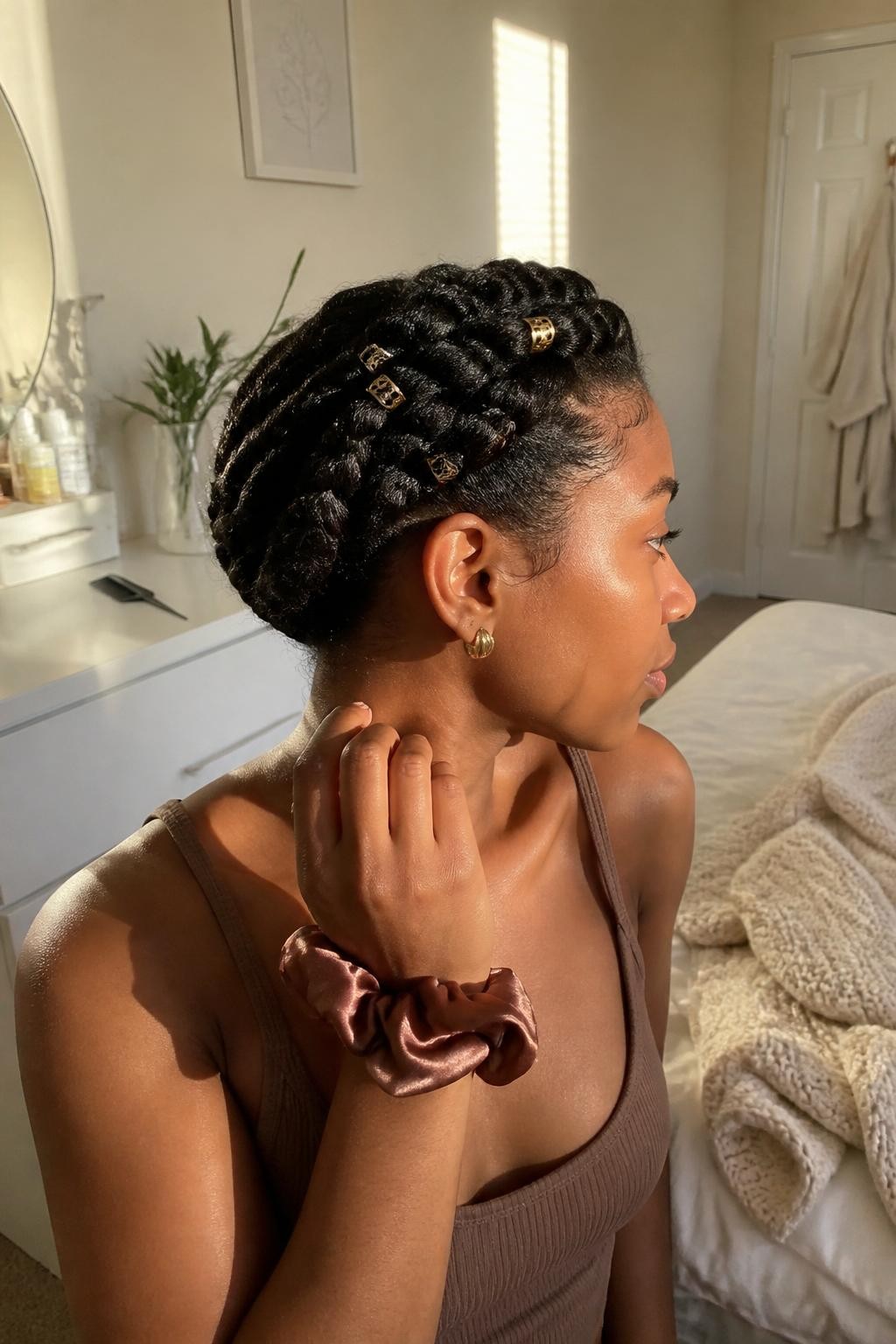 Image prompt: Photo of a Black woman wearing a thick flat-twist crown wrapped neatly around her head with small gold hair cuffs, side profile view, sun-drenched bedroom with a soft knit sweater laid across the bed, natural window light, containing a rat-tail comb on the dresser and a silk scrunchie around her wrist, realistic home styling moment, latest iPhone photo quality.