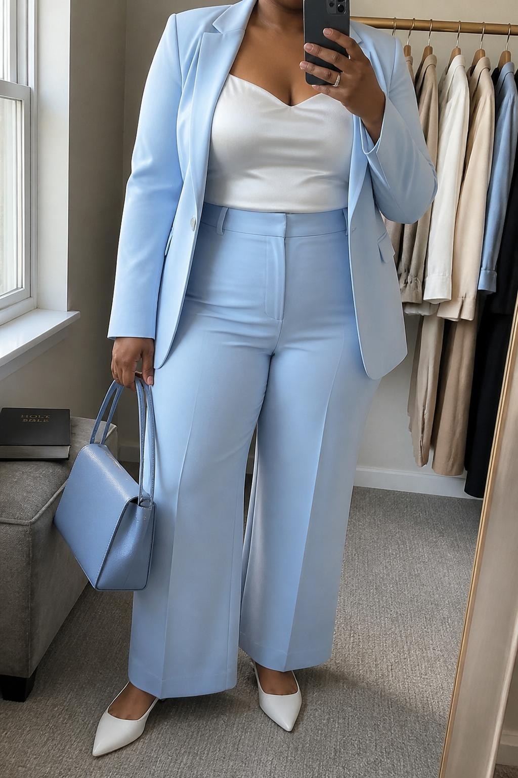 Mirror selfie of a plus size woman wearing a powder blue tailored blazer with matching high-waisted wide-leg trousers, a fitted white satin camisole with wide supportive straps and a modest neckline, white pointed slingback flats, and a structured powder blue handbag, clearly showing the exact suit, blue color, white satin, footwear, and accessories listed, holding a phone in front of a mirror, cropped at the neck so the face is hidden, relaxed confident selfie pose, in a minimal dressing room with natural window light, a clothing rack with garments behind her and a Bible resting on a bench, realistic modern church outfit, latest iPhone photo quality.