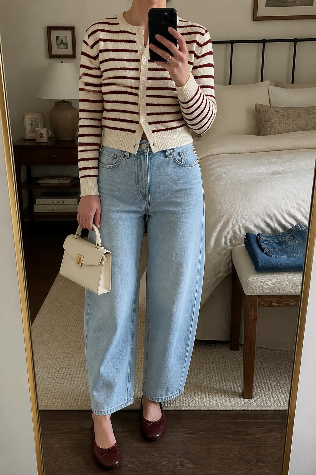 Mirror selfie of a woman wearing a fitted cream and burgundy striped cardigan, light-wash high-waisted barrel-leg jeans, burgundy leather ballet flats, and a structured cream mini handbag, clearly showing the exact clothing items, colors, fabrics, and accessories listed, holding a phone in front of a cozy bedroom mirror setup, cropped at the neck so the face does not show, relaxed casual selfie pose, soft indoor lighting, a coffee mug on a bedside table and folded denim jeans on a bench, natural lived-in setting, latest iPhone photo quality.