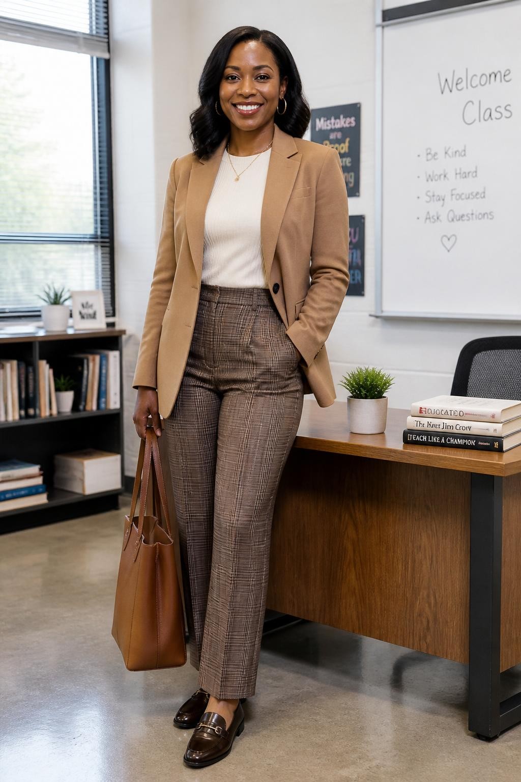 Realistic full-body DSLR fashion photo of a smiling Black female teacher wearing a fitted camel blazer over a cream ribbed top, brown plaid straight-leg trousers, dark brown leather loafers, and a structured tan tote bag, standing beside a wooden teacher’s desk in a bright modern classroom, natural window light, neatly arranged books and a small plant in the background, exact clothing colors and pieces clearly visible, polished natural makeup, relaxed professional pose.