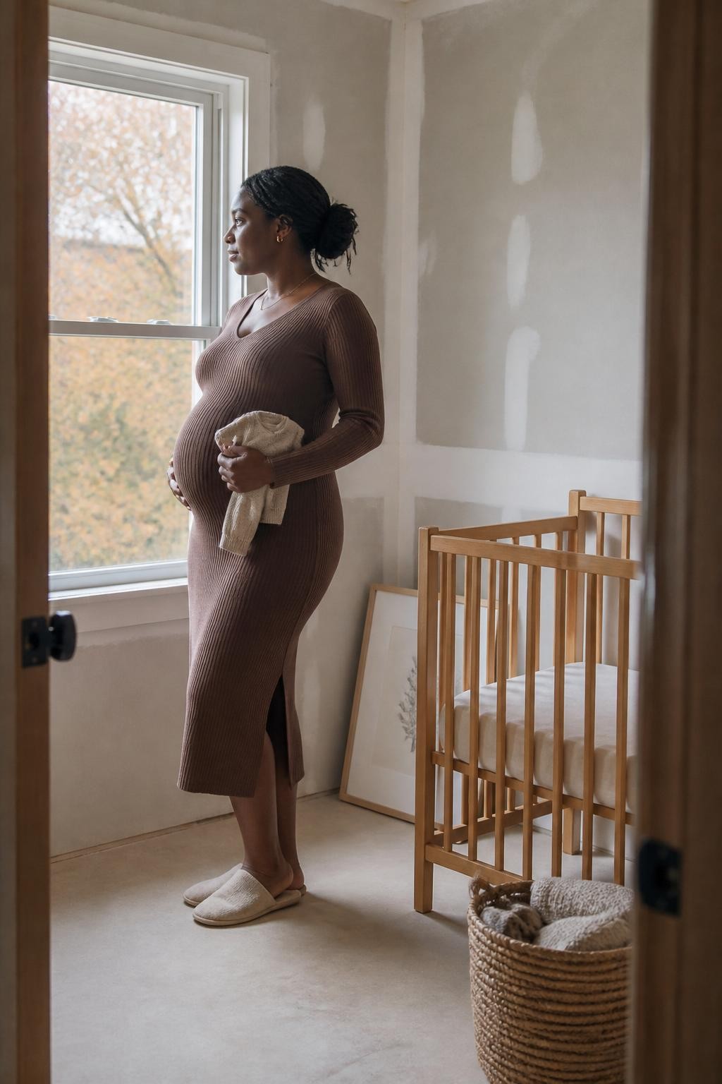 Image Prompt: A pregnant Black woman standing beside the window in a simple unfinished nursery, wearing a soft cocoa-brown knit midi dress and flat cream slippers, holding a small folded baby sweater against the lower curve of her belly, natural braids pulled into a loose low bun, one wooden crib, an unframed print leaning against the wall, and a half-filled basket of baby blankets visible in the room, fall trees softly seen through the window, gentle afternoon daylight, photographed with a DSLR 50mm lens from the doorway, realistic dark skin texture, natural home shadows, modest room proportions, believable pregnancy shape, no fully decorated designer nursery, no excessive baby accessories.