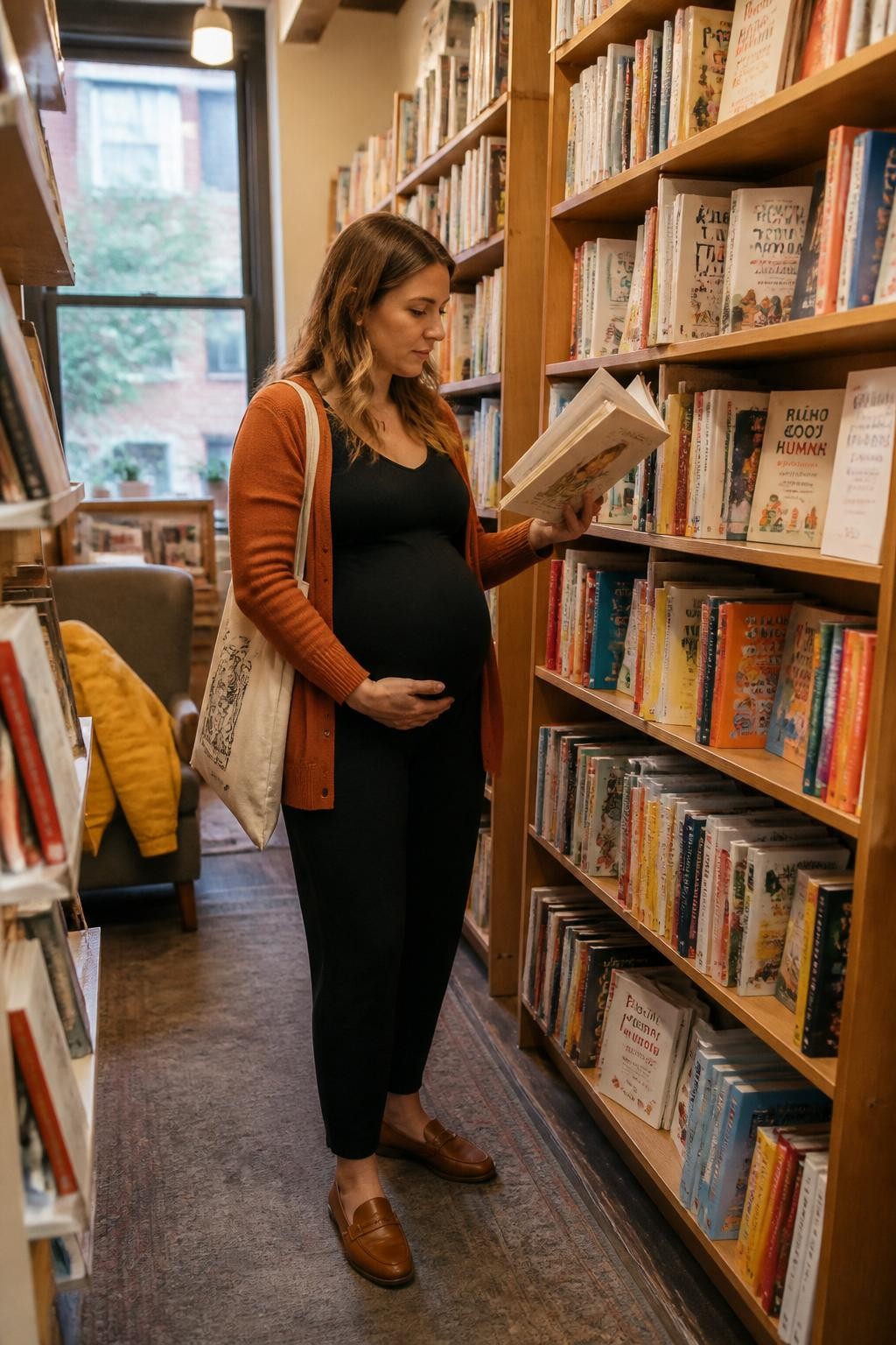 Image Prompt: A pregnant white woman browsing a parenting and children’s section inside a small independent bookstore, wearing a soft rust cardigan over a fitted black maternity jumpsuit with brown loafers, holding an open picture book at chest height while one hand rests beneath her belly, warm wooden shelves filled with believable books, a canvas tote hanging from one shoulder, raincoat folded over a nearby chair, natural window light mixed with warm store lighting, photographed with a DSLR 35mm lens from the end of the aisle, realistic book details, candid thoughtful expression, natural public interior, no empty shelves, no fake decorative book covers.