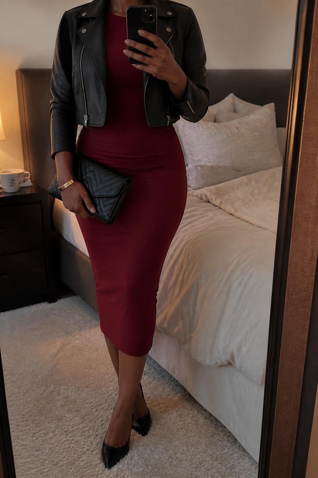mirror selfie of a Black woman wearing the exact outfit described above, clearly showing a wine red bodycon midi dress, black cropped moto jacket, black pointed heels, black quilted clutch, and gold bangle bracelet, holding a phone in front of a mirror, cropped at NECK so the face does not show, with a confident casual selfie pose, in a cozy bedroom mirror setup, warm moody lighting, including soft pillows on an unmade bed and a coffee mug on a bedside table, latest iPhone photo quality.