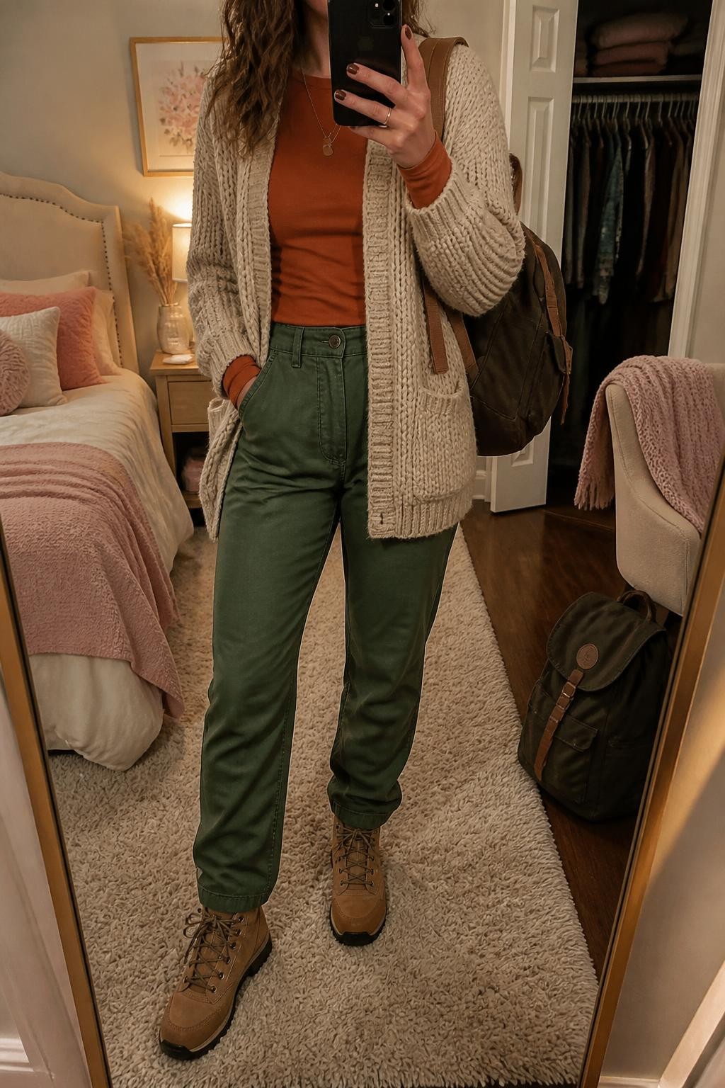 Mirror selfie of a woman wearing an oversized oatmeal chunky-knit cardigan over a fitted rust-orange long-sleeve top, olive-green water-resistant hiking pants, tan leather hiking boots, and a chocolate-brown canvas backpack, clearly showing the exact clothing items, colors, fabrics, and accessories listed, holding a phone in front of a feminine-themed bedroom mirror, cropped at the neck so the face does not show, relaxed casual selfie pose, evening golden-hour lighting, an open closet with clothes visible and a backpack resting beside a chair, warm realistic setting, latest iPhone photo quality.