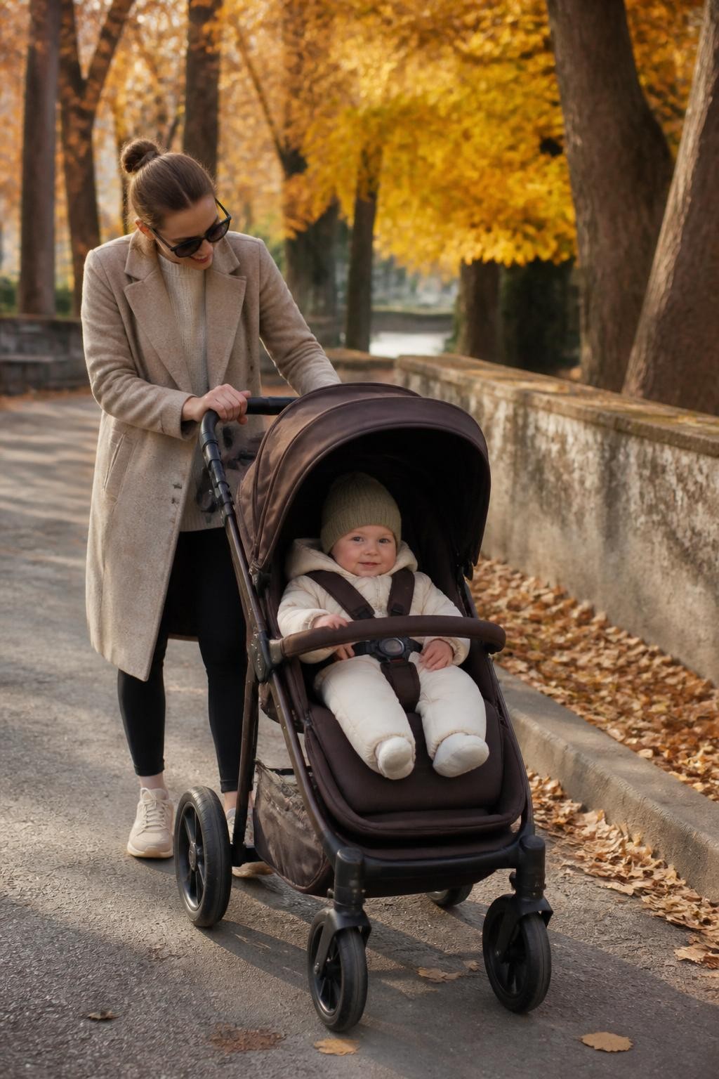 Image Prompt: A white mother pushing a practical dark-brown stroller along a quiet park path beneath orange and yellow trees, her eight-month-old baby sitting safely strapped inside wearing a cream puffer suit and knitted sage hat, the stroller canopy partly open so the baby’s face is clearly visible, the mother leaning slightly toward the baby while walking and smiling, fallen leaves along the path, soft late-afternoon sunlight, photographed from a side-front angle with a DSLR 70mm lens, realistic stroller straps, natural walking movement, detailed autumn background, no decorative stroller garland, no baby removed from the seat, no staged empty pathway.