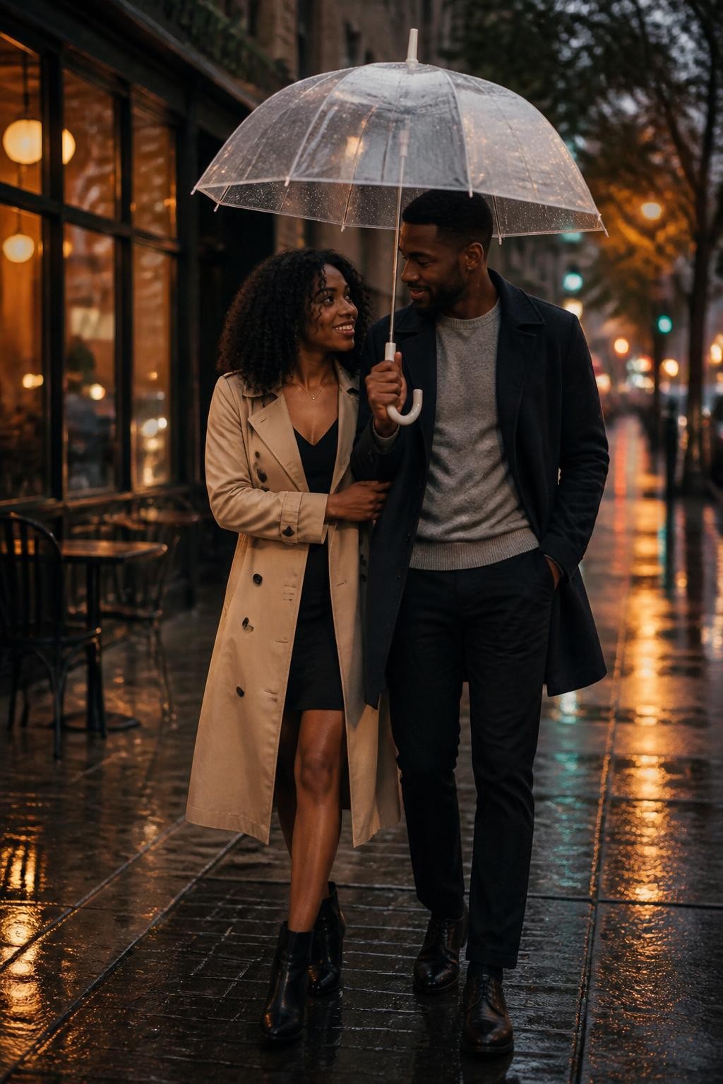 Image prompt: A cinematic DSLR photo of an adult couple walking under a clear umbrella on a rainy city sidewalk, featuring a Black woman with rich brown skin wearing a beige trench coat, black dress, and ankle boots, leaning her shoulder gently into her partner while he holds the umbrella above them, both looking at each other instead of the camera, raindrops on the umbrella, wet pavement reflecting street lights, blurred cafe windows in the background, her hand tucked into his arm, realistic coat folds, natural skin texture, soft low-light city romance, tasteful and modern.