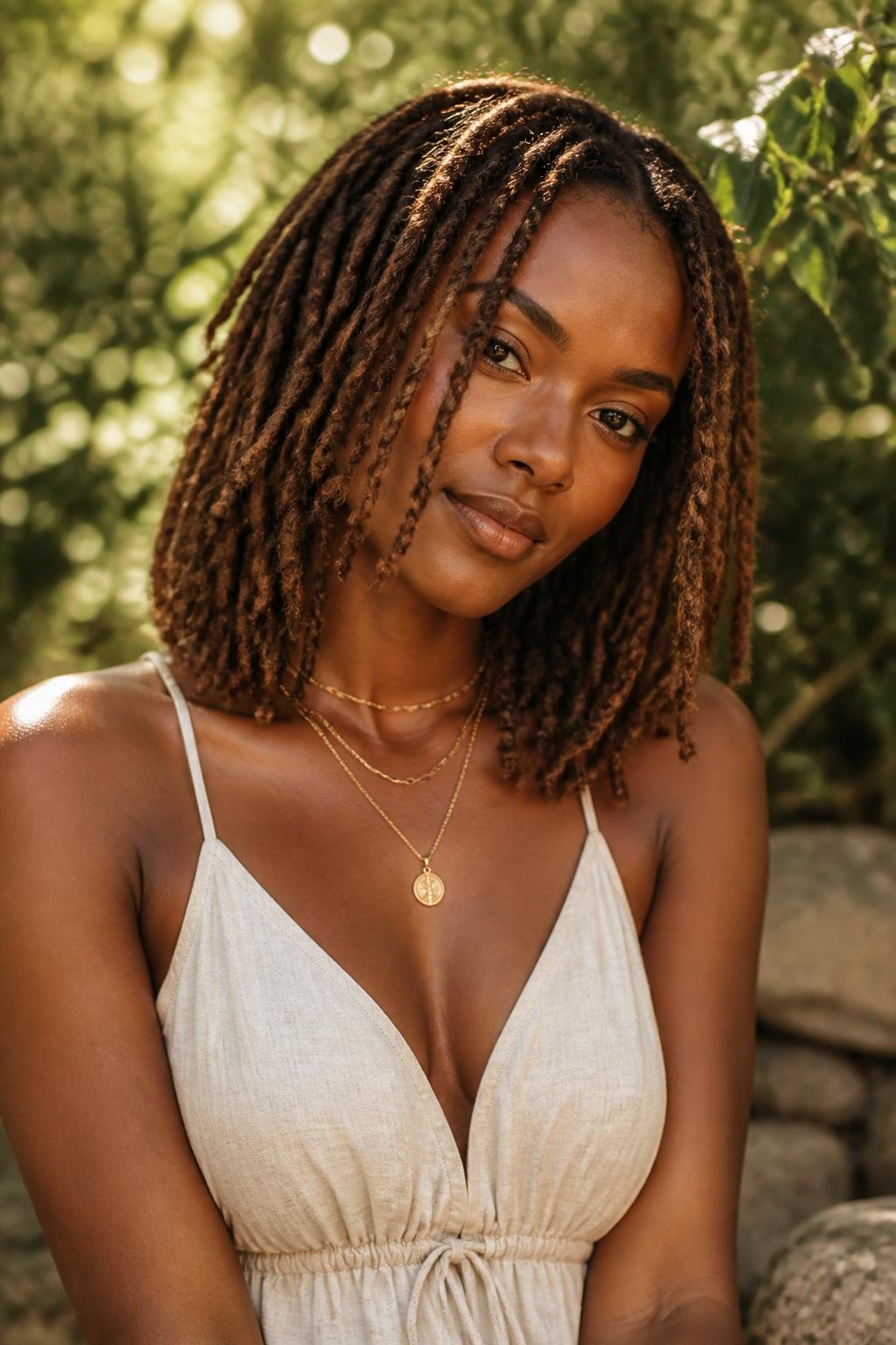 Image Prompt: A stunning woman with shoulder-length teddy bear brown locs, neatly maintained loc texture, warm medium-brown color with soft caramel undertones, a few locs framing the face, deep brown skin, natural glowing makeup, layered gold necklaces, cream linen dress, outdoor natural setting with softly blurred greenery, warm sunlight, realistic lifestyle editorial portrait, detailed loc texture and warm brown color, no text, (no watermarks on images)
