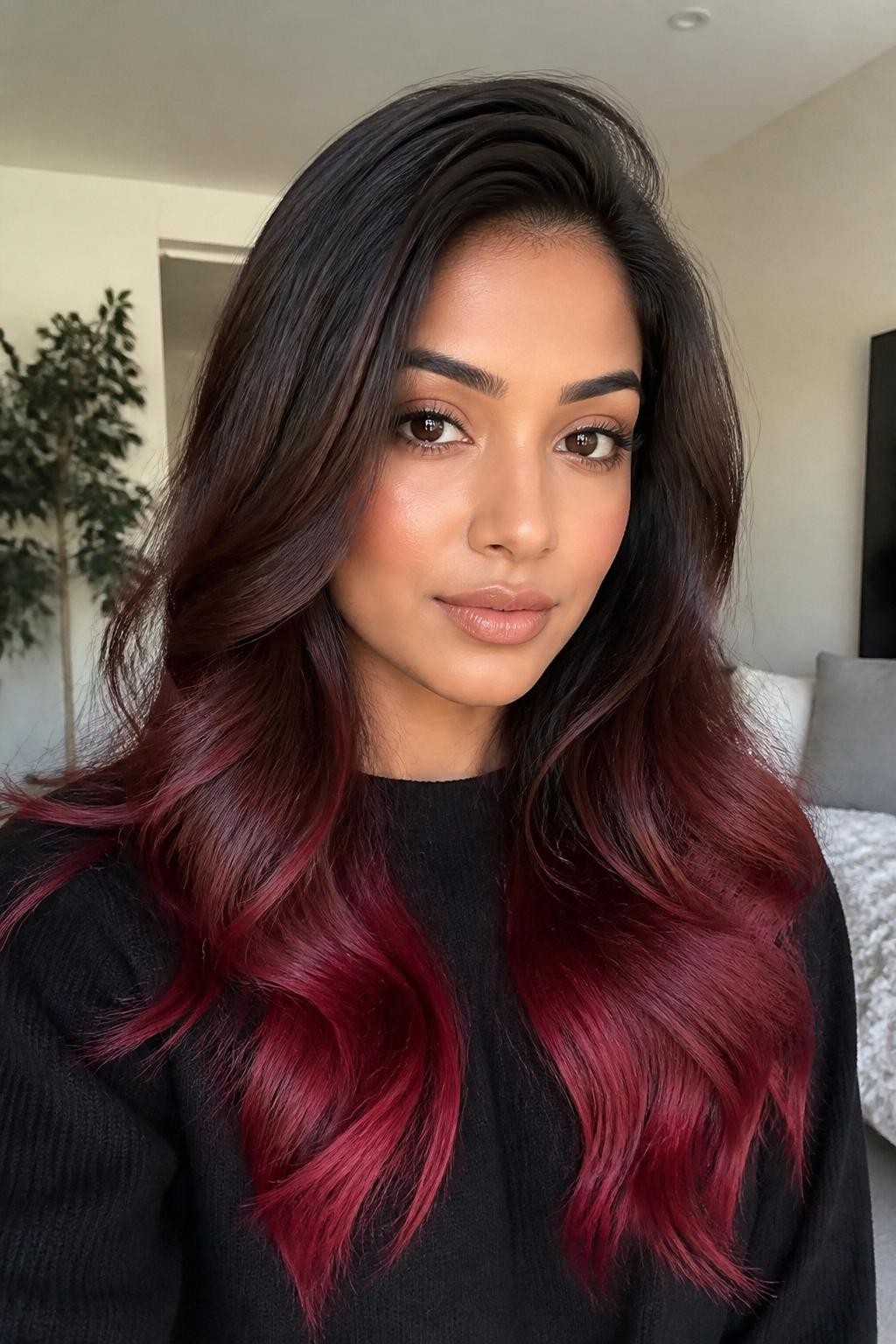 Image Prompt: A beautiful woman with long dark brown hair fading into raspberry ombré ends, glossy dark roots and mid-lengths blending into bright raspberry-red tips, soft loose waves, warm brown skin, soft glam makeup, nude gloss, black sweater, cozy indoor background, soft natural window light, realistic beauty editorial photo, smooth color transition, no text, (no watermarks on images)