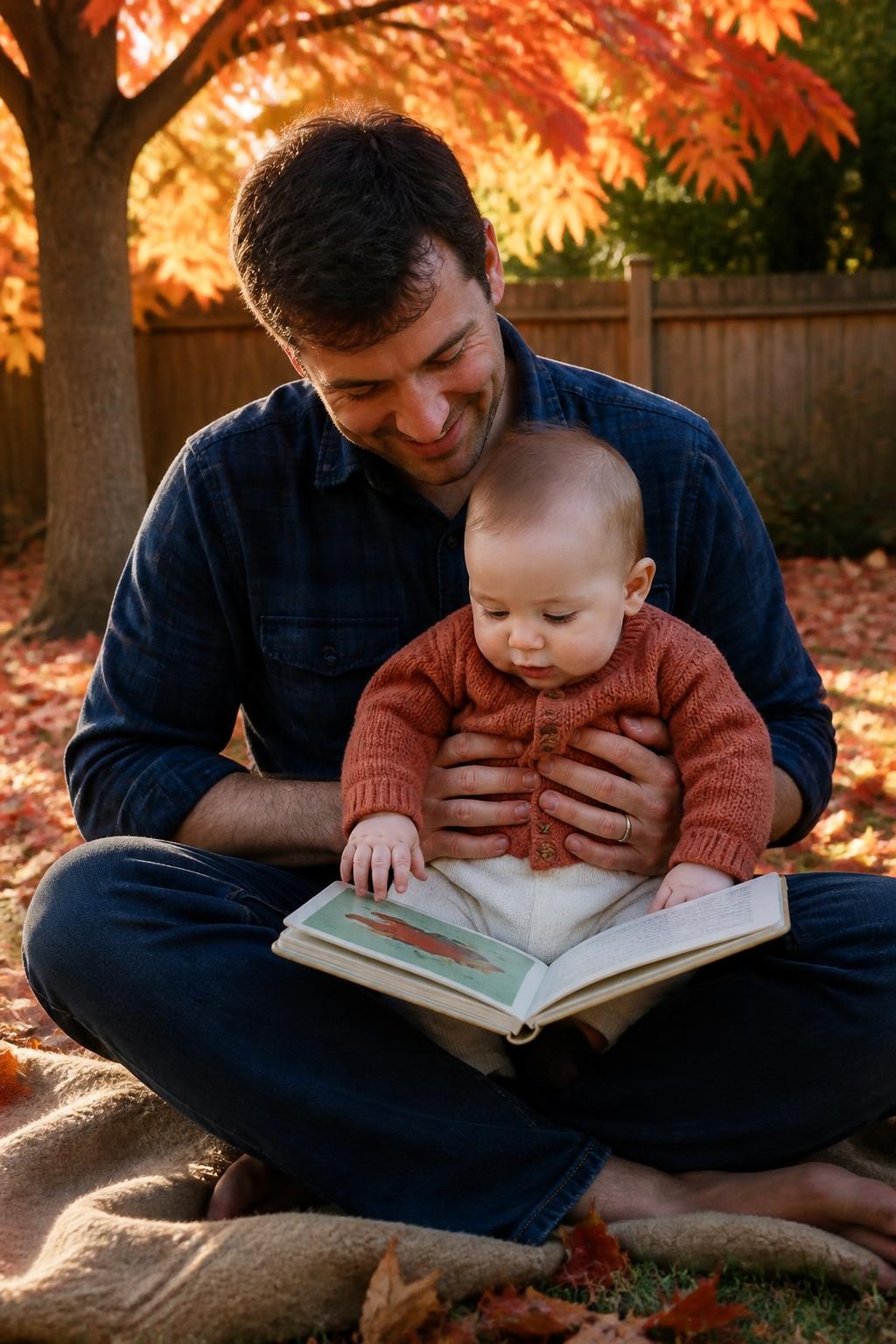 Image Prompt: A white father sitting cross-legged beneath a maple tree with his seven-month-old baby supported securely in his lap, the father wearing a navy flannel shirt and dark jeans, the baby wearing a burnt-orange knit sweater and cream trousers, an open board book resting across the father’s knees as the baby touches one thick page, a tan blanket beneath them, real red and yellow leaves scattered across the grass, soft late-afternoon side light, photographed from seated eye level with a DSLR 50mm lens, realistic hand support around the baby’s waist, natural father-and-baby interaction, detailed book texture, no loose pages near the face, no staged reading pose.
