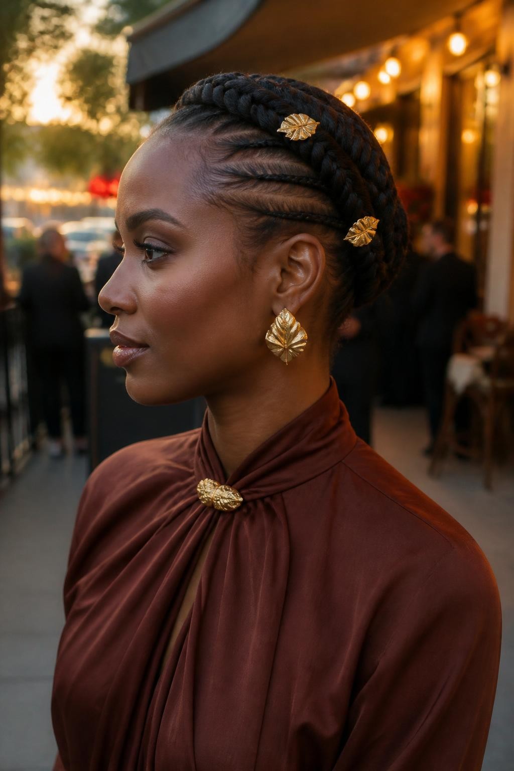 Image prompt: Photo of a Black woman wearing a smooth cornrow halo wrapped around her head with two small gold leaf pins, side profile view, softly blurred city street background outside an evening restaurant, golden hour glow, containing statement earrings peeking below the braid and a hair clip attached to her dress collar, realistic fall event moment, latest iPhone photo quality.