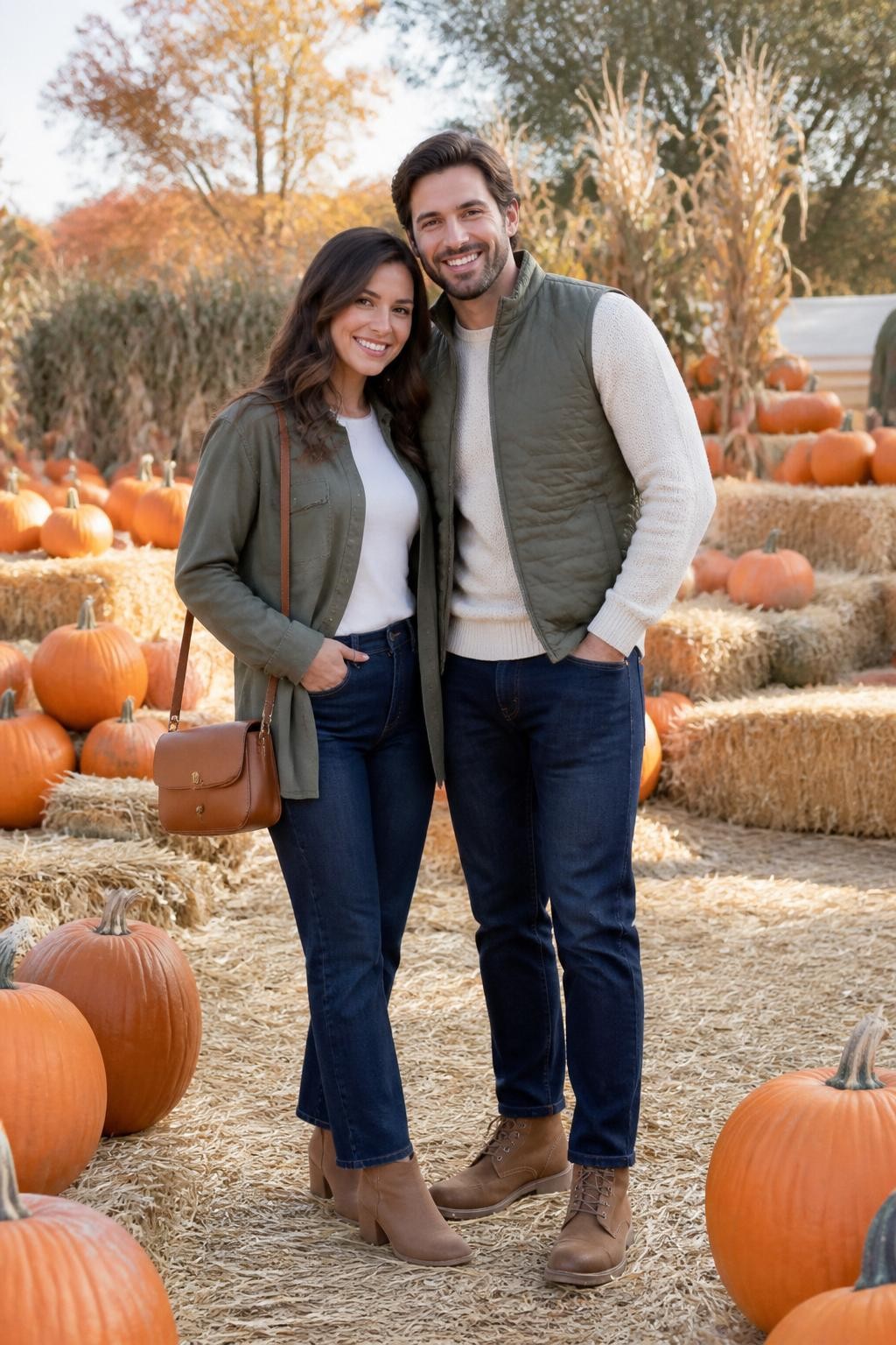 Natural fall couples photoshoot of a woman wearing an olive wool shacket, white fitted long-sleeve top, dark blue straight-leg jeans, tan ankle boots, and a brown crossbody bag, standing beside her partner wearing a cream knit sweater, olive quilted vest, dark denim jeans, and tan lace-up boots, in a pumpkin patch with hay bales and orange pumpkins in the background, natural afternoon light, DSLR photo quality, casual affectionate pose, beautiful faces visible.