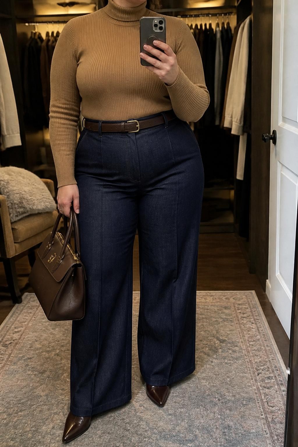 Mirror selfie of a plus size woman wearing dark indigo trouser-style wide-leg jeans with a pressed front crease, a fitted camel ribbed turtleneck, a chocolate brown leather belt, dark brown pointed ankle boots, and a structured chocolate brown handbag, clearly showing the exact clothing items, indigo denim, crease detail, camel knit, colors, footwear, and accessories listed, holding a phone in front of a mirror, cropped at the neck so her face does not appear, relaxed sophisticated selfie pose, in a walk-in closet mirror with warm moody lighting, an open closet with clothes visible and a folded blanket on a chair, realistic autumn office outfit, latest iPhone photo quality.