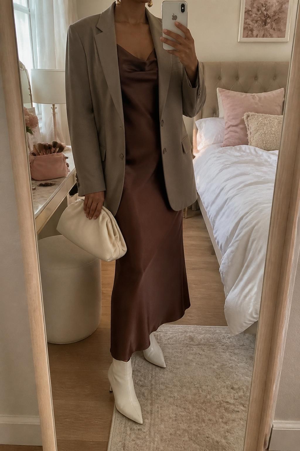 mirror selfie of a Black woman wearing the exact outfit described above, clearly showing white kitten-heel ankle boots, a chocolate brown satin slip dress, a taupe oversized blazer, a cream clutch, and gold drop earrings, holding a phone in front of a mirror, cropped at NECK so the face does not show, with a relaxed casual selfie pose, in a feminine-themed bedroom, natural window light, with a makeup brush or cosmetic bag on the counter and soft pillows on an unmade bed, latest iPhone photo quality.