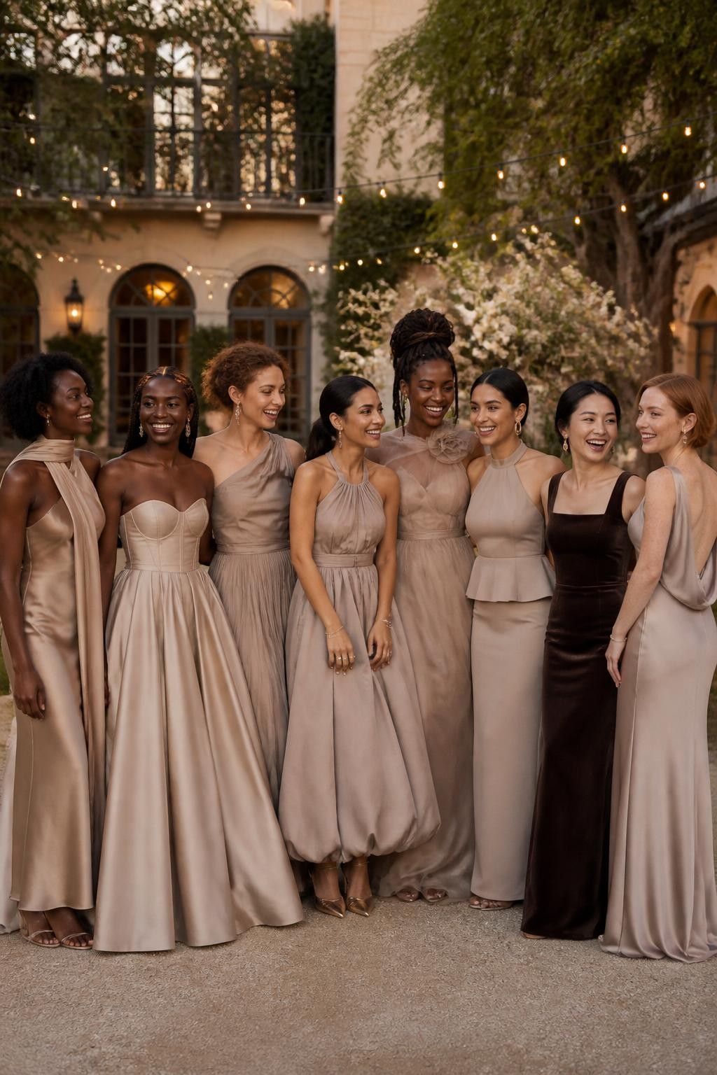 Realistic large bridal-party photograph of eight bridesmaids wearing intentionally coordinated dresses in pale almond, champagne beige, oat, mushroom, taupe, greige, latte, and mocha, fabrics including liquid satin, matte crepe, velvet, organza, pleated chiffon, tonal jacquard, and silk faille, silhouettes including a scarf-neck slip dress, basque-waist ball gown, asymmetrical dropped-waist gown, bubble-hem midi, rosette-shoulder organza dress, halter peplum column, square-neck velvet gown, and boat-neck low-back dress, women with very deep, deep brown, reddish brown, golden, olive, tan, East Asian fair, and pale freckled skin tones, broad representation of ages, heights, and body shapes, bright beautiful faces and genuine laughter, hairstyles including natural coils, braids, locs, waves, sleek buns, short cuts, and softly styled hijab, standing in a lush estate courtyard with cream stone, mature trees, ivory flowers, and warm string lights, every fabric responding differently to the evening light, realistic spacing and candid movement.