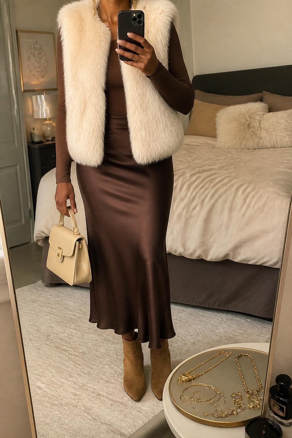 mirror selfie of a Black woman wearing the exact outfit described above, clearly showing a cream faux fur vest layered over a fitted chocolate brown long-sleeve top, chocolate satin midi slip skirt, tan ankle boots, a cream mini top-handle bag, and gold drop earrings, holding a phone in front of a mirror, cropped at NECK so the face does not show, with a relaxed casual selfie pose, in a cozy bedroom mirror setup, soft indoor lighting, with a jewelry tray on the vanity and soft pillows on an unmade bed, latest iPhone photo quality.