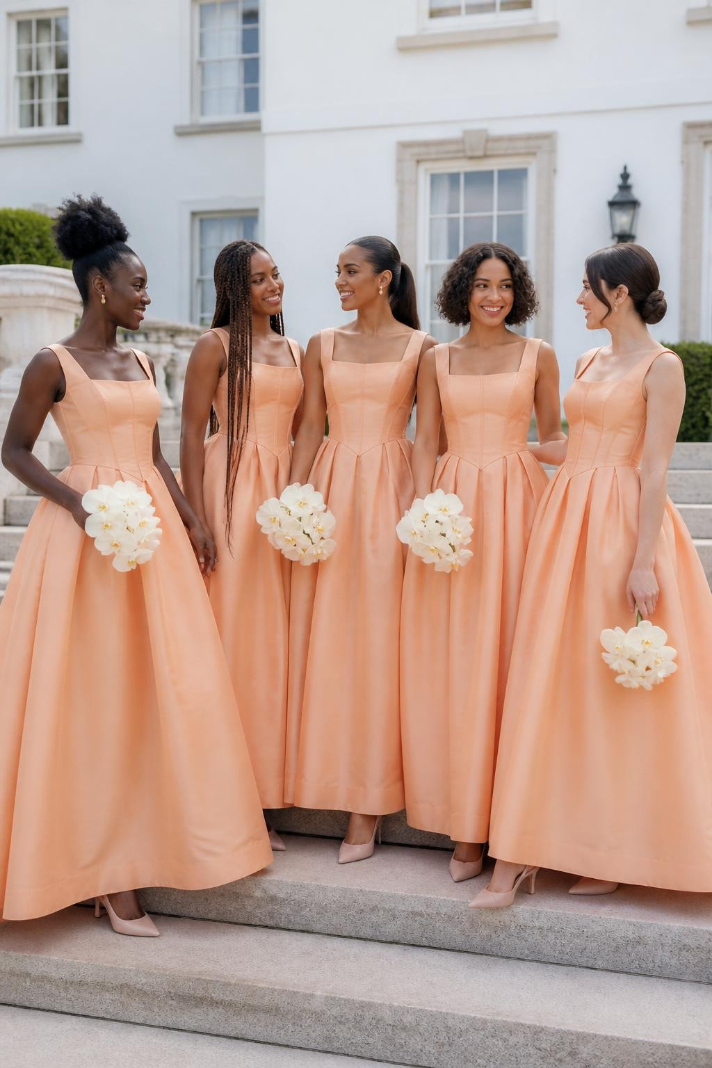 Realistic fashion-forward wedding portrait of five bridesmaids wearing soft apricot silk-faille gowns with structured corset bodices, wide square necklines, curved basque waists, and full ankle-length ballerina skirts with discreet side pockets, women with very deep brown, cool dark brown, cinnamon, golden tan, and pale neutral skin tones, different torso lengths, bust sizes, heights, and body proportions shown naturally, bright joyful faces with individual features, visible skin texture and small flyaway hairs, hairstyles including a sculpted natural updo, waist-length braids, glossy ponytail, short curly bob, and smooth chignon, photographed on broad limestone steps outside a white country manor, holding compact ivory orchid bouquets, clear morning light revealing precise corset seams, realistic fabric stiffness, deep natural skirt folds, and elegant slingback shoes visible beneath the hems.