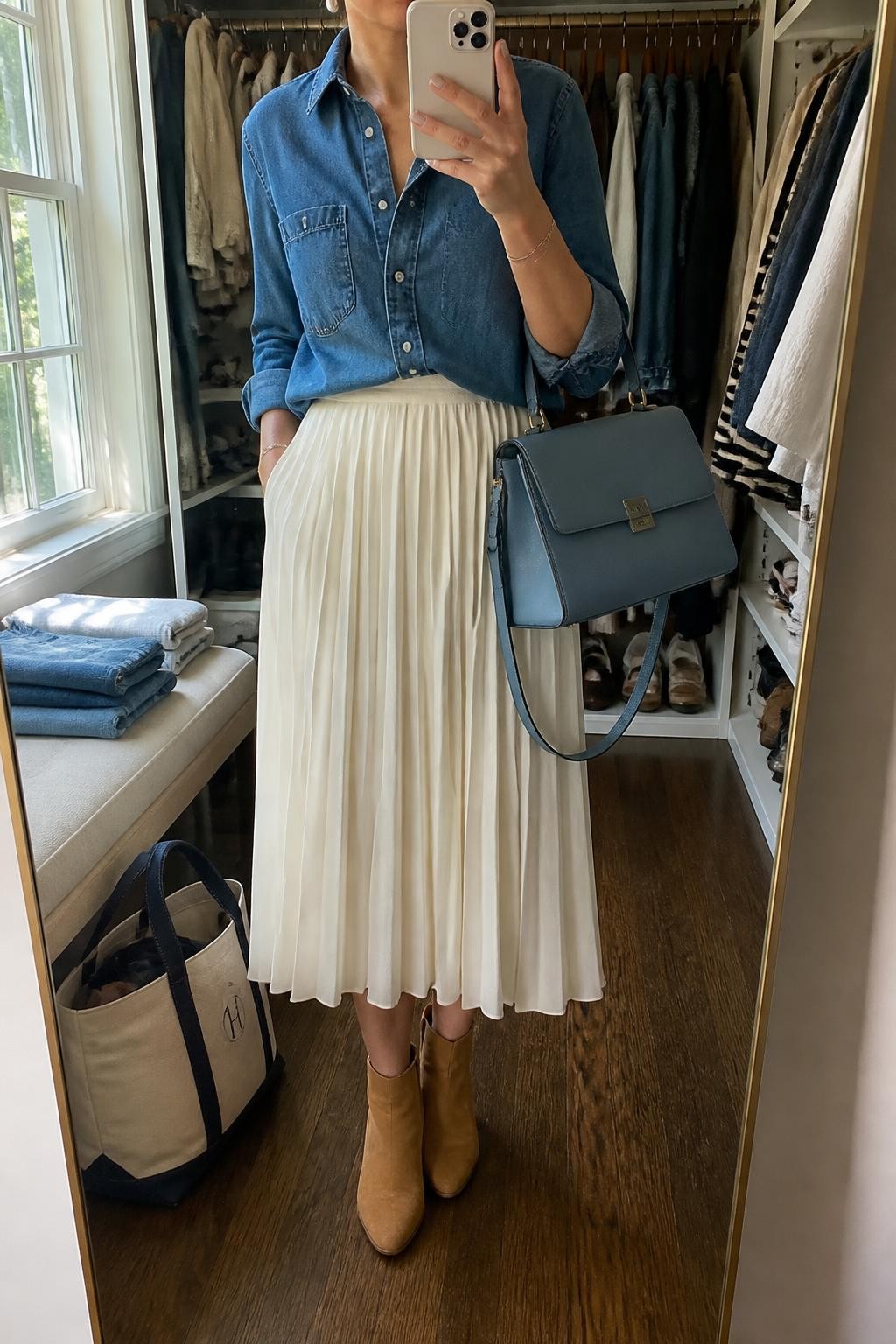 Mirror selfie of a woman wearing a medium-wash denim button-front shirt, flowing cream pleated midi skirt, tan suede ankle boots, a dusty-blue structured handbag, and delicate pearl stud earrings, clearly showing the exact clothing items, colors, fabrics, and accessories listed, holding a phone in front of a walk-in closet mirror, cropped at the neck so the face does not show, relaxed casual selfie pose, natural window light, folded denim jeans on a bench and a tote bag resting on the floor, realistic lived-in atmosphere, latest iPhone photo quality.
