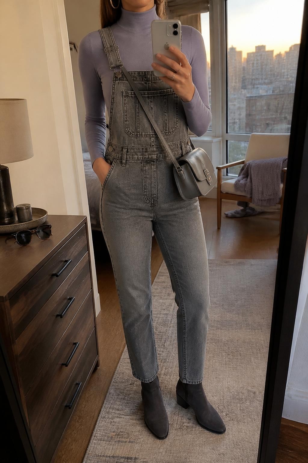 Mirror selfie of a woman wearing washed gray slim straight-leg denim overalls over a soft lilac fitted mock-neck top, clearly showing charcoal suede ankle boots, a small gray leather crossbody bag, and silver hoop earrings, holding an iPhone in front of a stylish city apartment mirror, cropped at the neck so the face does not show, relaxed casual selfie pose, evening golden hour light, sunglasses placed on a dresser and a folded blanket on a chair, natural unstaged setting, latest iPhone photo quality.