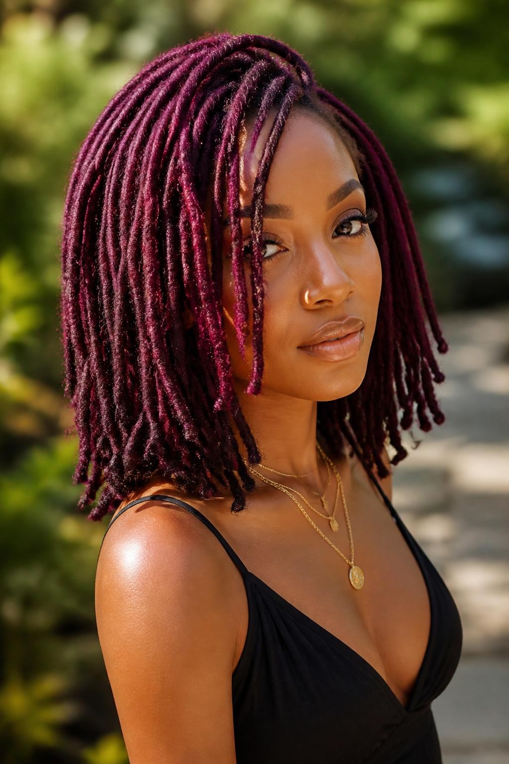Image Prompt: A stunning woman with shoulder-length berry plum locs, neatly maintained loc texture, rich purple-red color with soft shine, a few locs framing the face, brown skin, natural glowing makeup, layered gold necklaces, black dress, outdoor natural setting with softly blurred greenery, warm sunlight, realistic lifestyle editorial portrait, detailed loc texture and berry plum color, no text, (no watermarks on images)