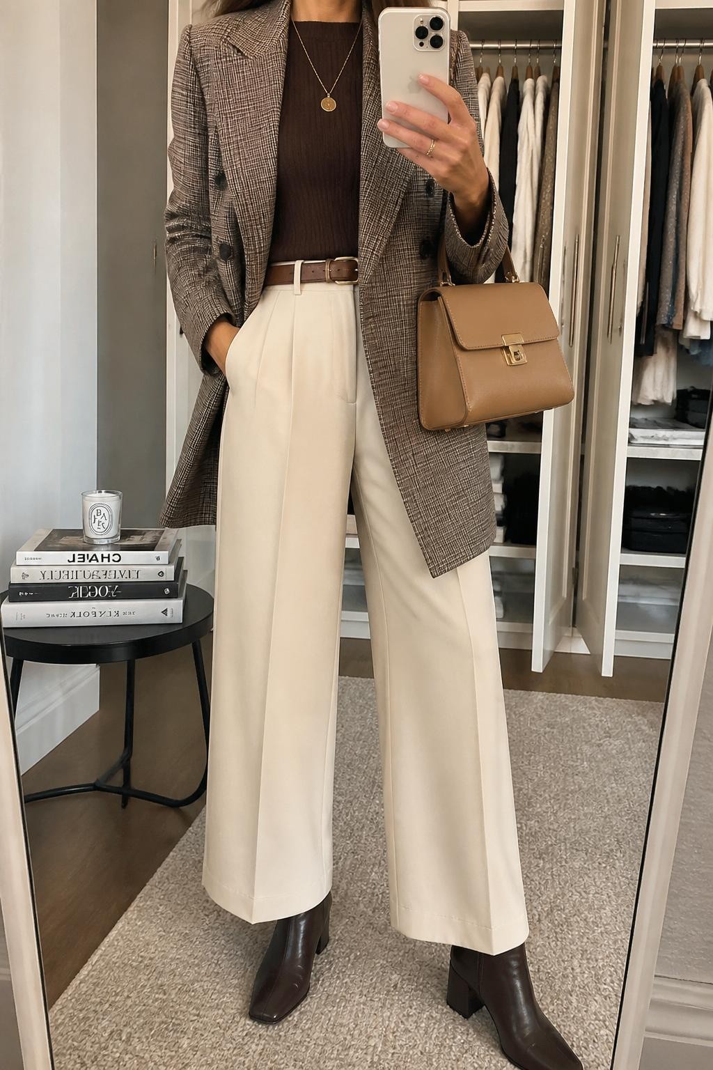 mirror selfie of a woman wearing the exact outfit described above, clearly showing espresso brown block-heel ankle boots, ivory wide-leg trousers, a chocolate fitted knit top, a brown plaid longline blazer, a tan top-handle bag, and gold pendant necklace, holding a phone in front of a mirror, cropped at NECK so the face does not show, with a relaxed casual selfie pose, in a walk-in closet mirror, soft indoor lighting, with an open closet with clothes visible and a stack of fashion magazines on a side table, latest iPhone photo quality.