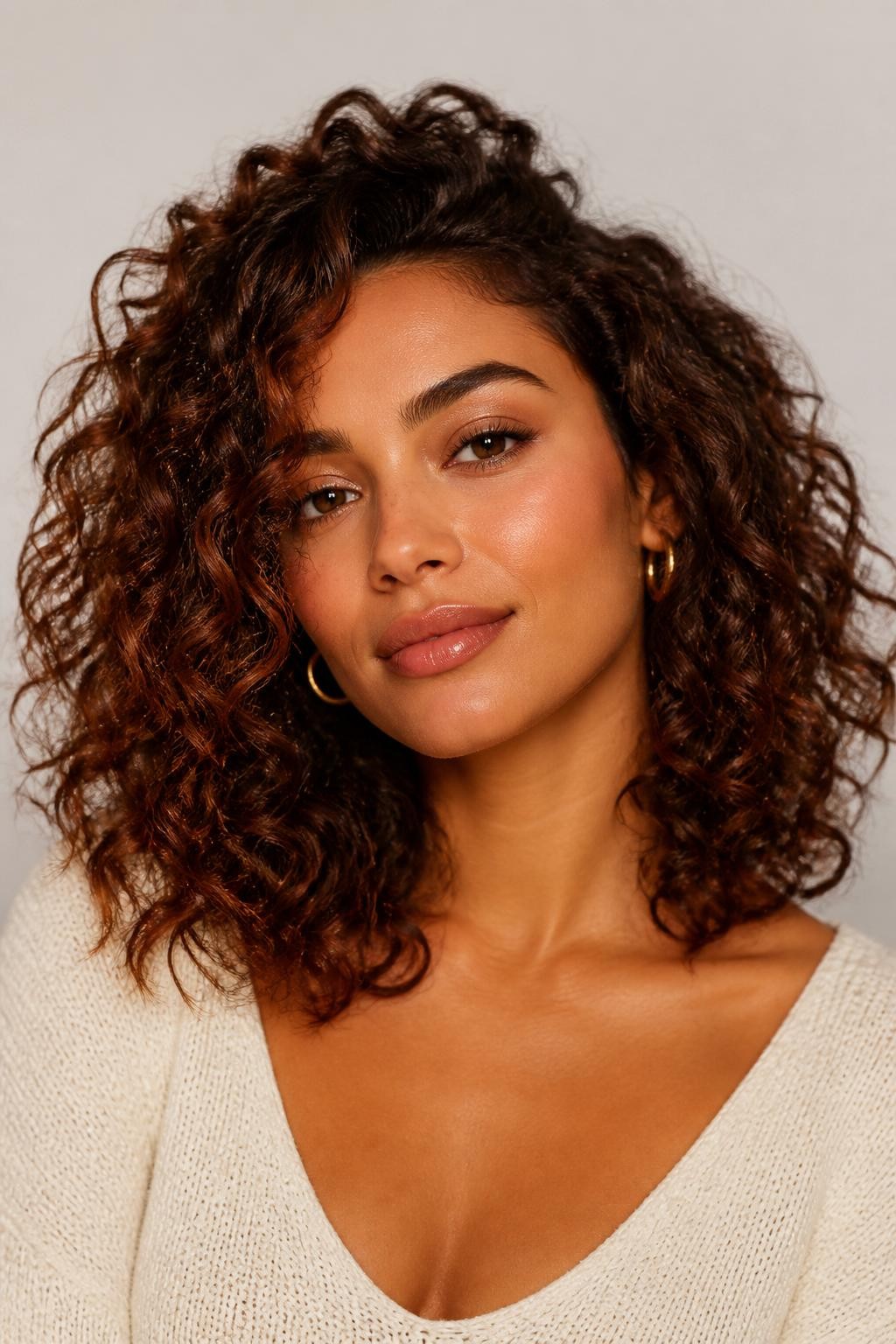 Image Prompt: A beautiful brunette woman with shoulder-length dark cinnamon brown curls, warm reddish-brown brunette shade with soft copper shine, defined curls with volume, golden medium skin tone, natural glowing makeup, glossy nude lips, small gold hoops, cream knit top, clean studio background, soft diffused lighting, realistic DSLR beauty editorial portrait, detailed curl texture and warm dark color, no text, (no watermarks on images)