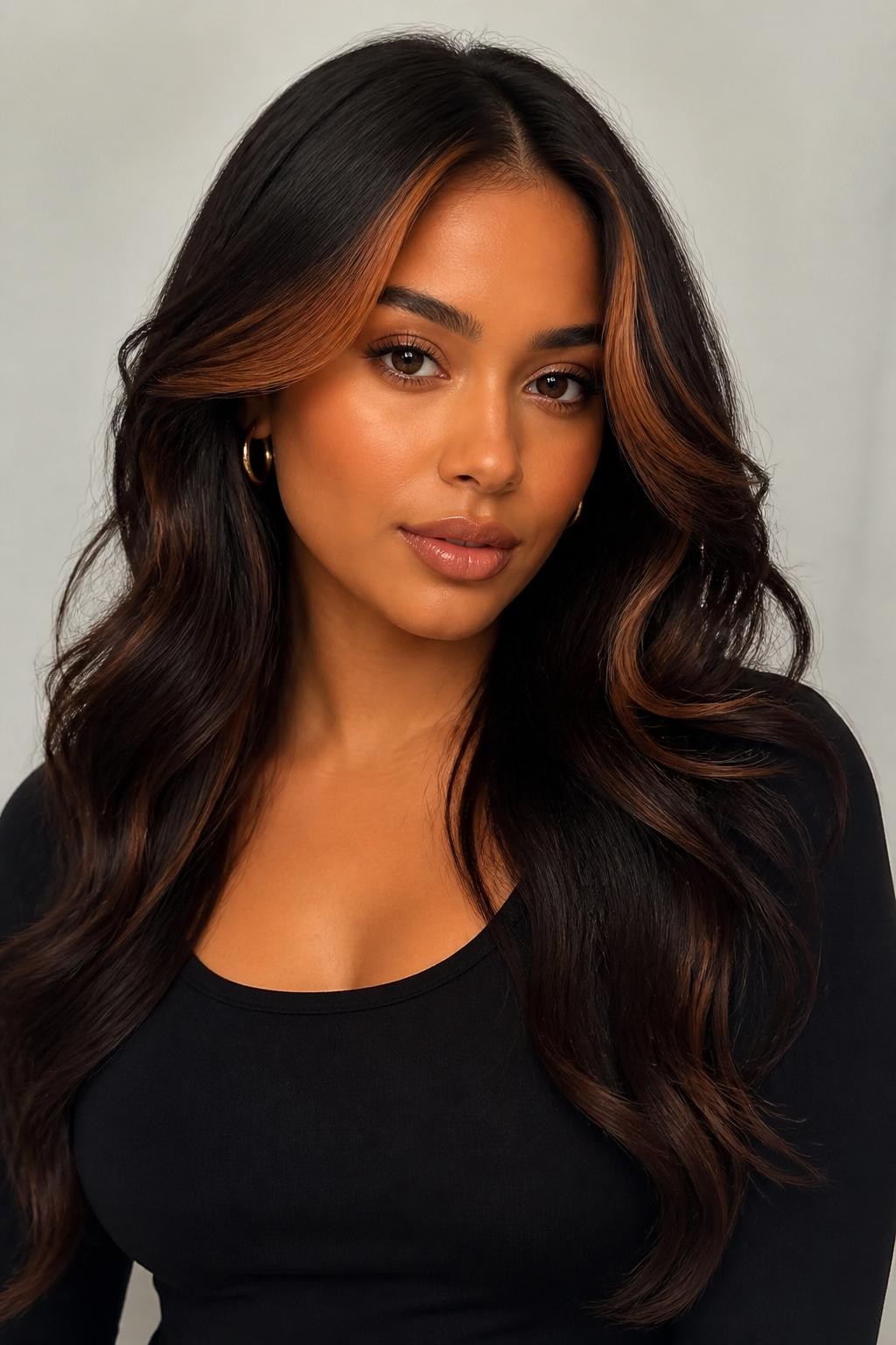 Image Prompt: A stylish woman with dark brunette wavy hair and soft auburn money piece highlights, rich dark base with warm auburn front sections framing the face, loose waves with shine, warm medium-deep skin tone, glossy nude lips, subtle bronzed makeup, small gold hoop earrings, fitted black top, clean neutral studio background, close-up beauty portrait, realistic DSLR photo, clear face-framing auburn color detail, no text, (no watermarks on images)