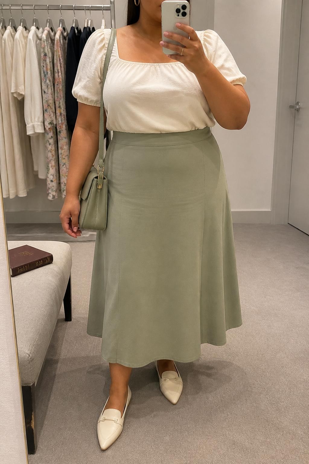 Mirror selfie of a plus size woman wearing a sage green high-waisted A-line midi skirt, an ivory cotton blouse with short puff sleeves and a modest square neckline, cream pointed leather loafers, a structured sage shoulder bag, and delicate gold hoop earrings, clearly showing the exact clothing items, sage skirt, ivory blouse, sleeve shape, footwear, and accessories listed, holding a phone in front of a mirror, cropped at the neck so her face does not appear, relaxed polished selfie stance, in a minimal dressing room with soft indoor lighting, a clothing rack with garments behind her and a Bible resting on a bench, realistic Sunday church outfit, latest iPhone photo quality.