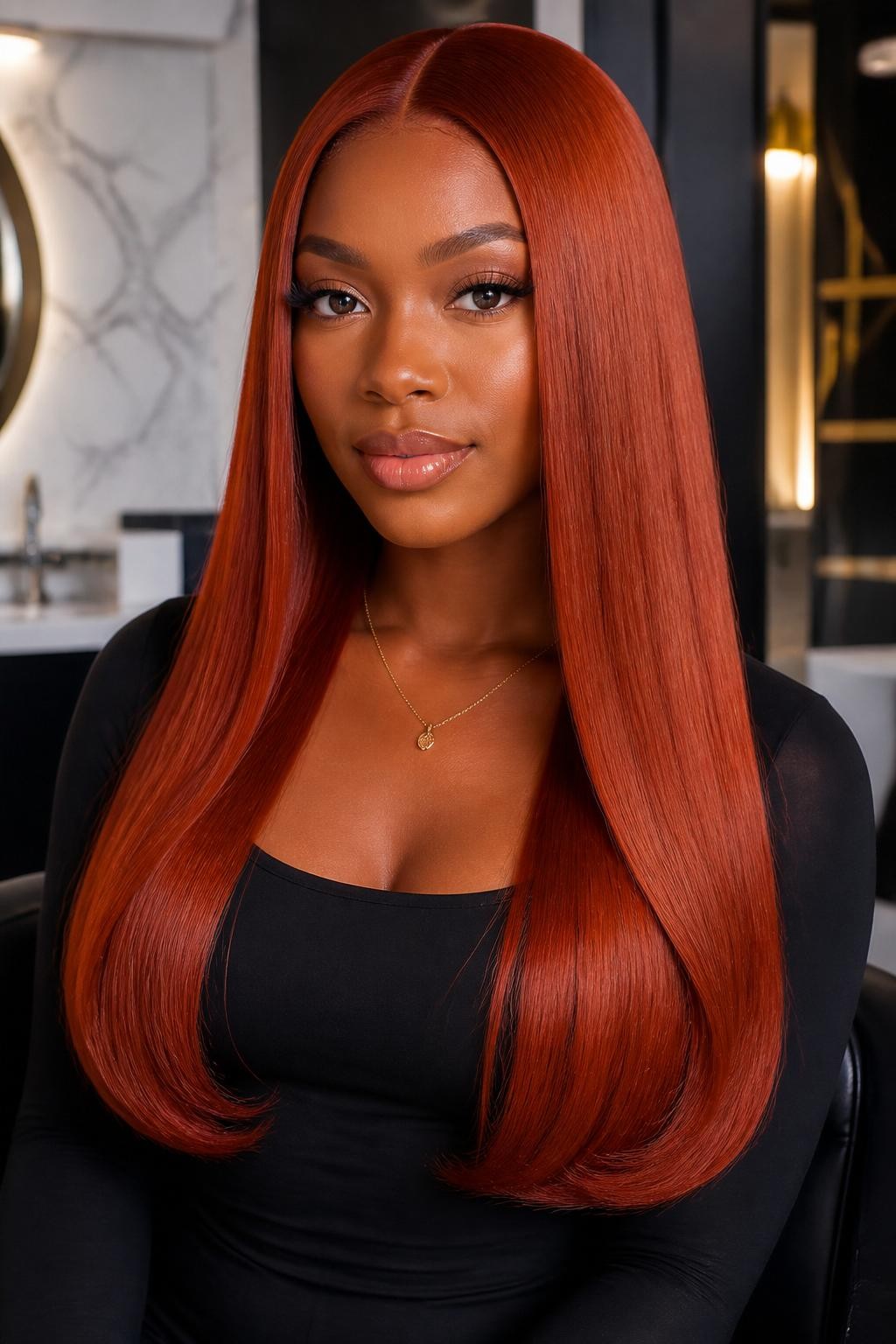 Image Prompt: A stunning woman with a long sleek silk press dyed glossy red copper, center part, silky straight strands with smooth shine, softly curled-under ends, warm deep brown skin, clean soft glam makeup, glossy nude lips, small gold necklace, fitted black top, luxury salon-inspired background, soft even lighting, waist-up beauty portrait, realistic DSLR quality, detailed straight hair shine and red copper color depth, no text, (no watermarks on images)