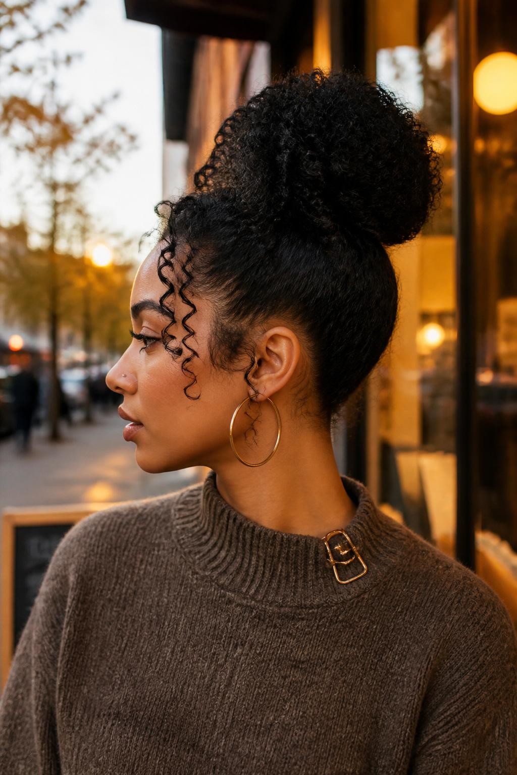 Image prompt: Photo of a Black woman wearing a high textured curly top knot with two soft spiral bangs resting near her eyebrows, side profile view, softly blurred city street background near a coffee shop, golden hour glow, containing large hoop earrings and a hair clip attached to her sweater collar, realistic candid fall moment, latest iPhone photo quality.