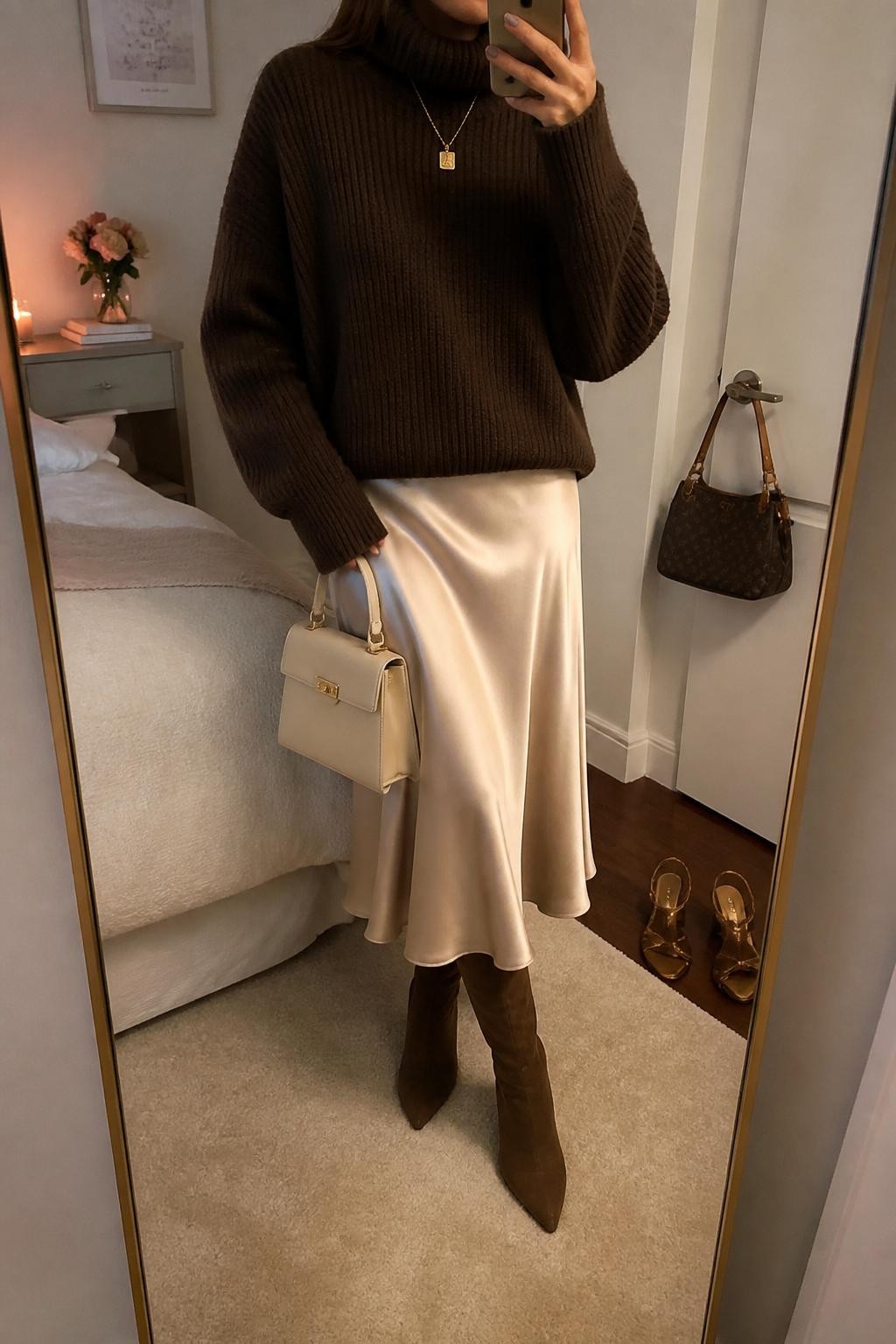 Mirror selfie of a woman wearing a chocolate brown chunky turtleneck sweater, champagne satin midi skirt, brown suede knee-high boots, gold pendant necklace, and a small cream top-handle bag, holding a phone in front of a mirror, cropped at NECK so the face does not show, relaxed casual selfie pose, in a feminine-themed bedroom, warm moody lighting, with a pair of heels on the floor nearby and a handbag hanging on a door handle, latest iPhone photo quality.