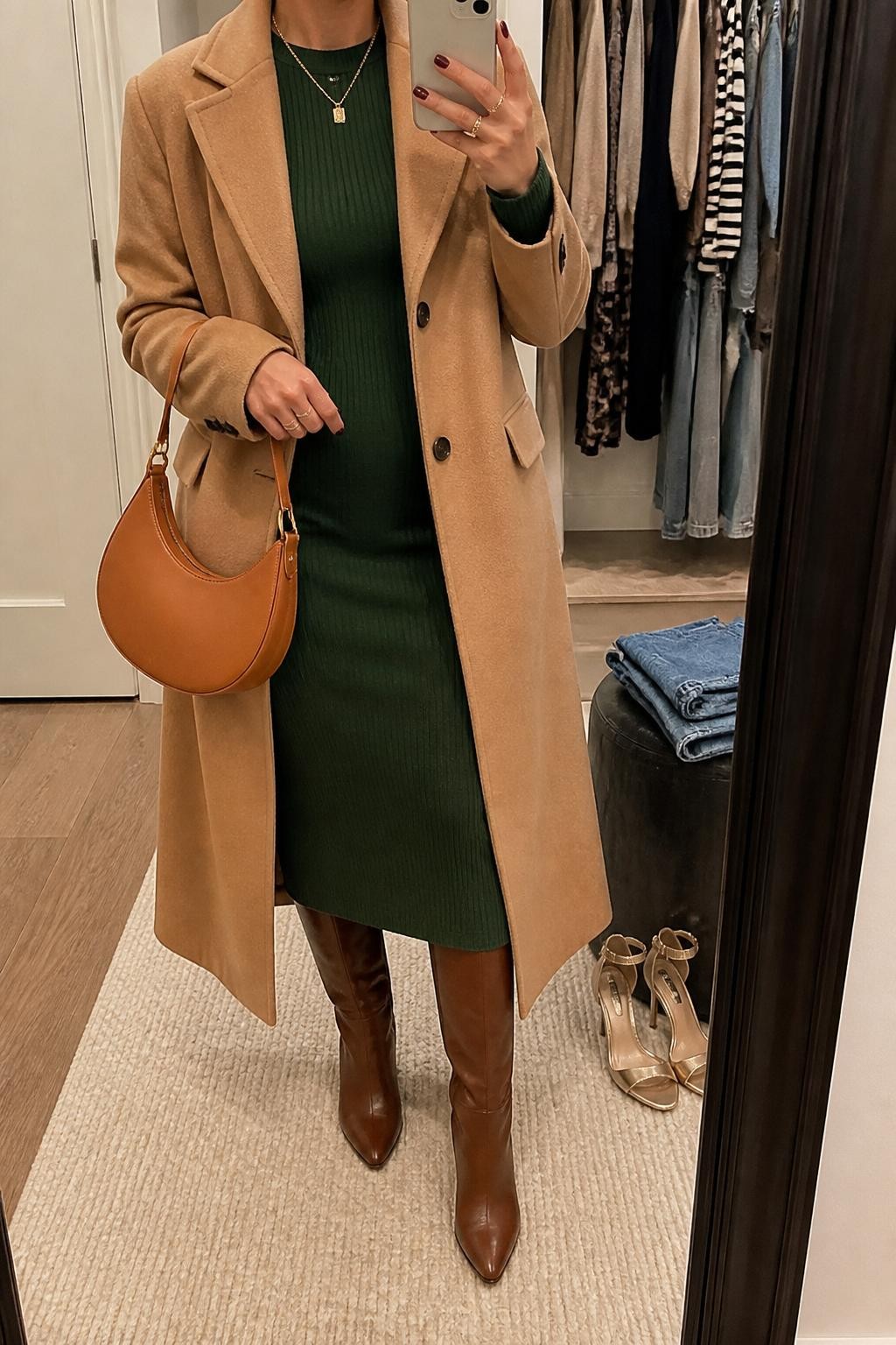 Mirror selfie of a woman wearing a forest green ribbed sweater midi dress, brown leather knee-high boots, camel wool coat, gold layered necklace, and a tan crescent bag, holding a phone in front of a mirror, cropped at NECK so the face does not show, relaxed casual selfie pose, in a walk-in closet mirror, soft indoor lighting, with a pair of heels on the floor nearby and folded denim jeans on a bench, latest iPhone photo quality.